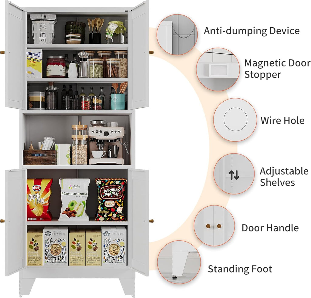 68.9'' White Metal Kitchen Pantry Cabinet with Doors and Adjustable Shelves, Hutch Cabinet with Microwave Storage, Kitchen Cabinet Storage for Living Room, Bathroom, Home