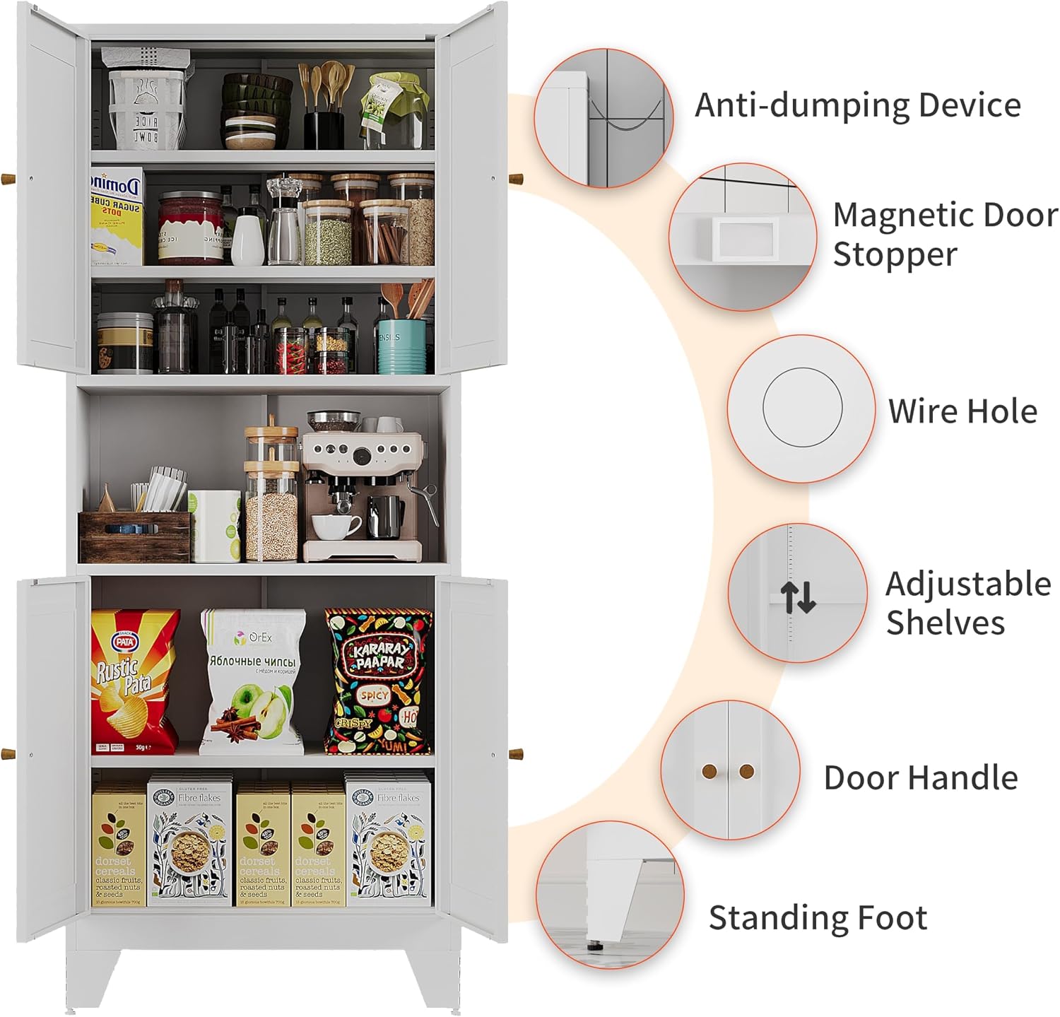68.9'' White Metal Kitchen Pantry Cabinet with Doors and Adjustable Shelves, Hutch Cabinet with Microwave Storage, Kitchen Cabinet Storage for Living Room, Bathroom, Home