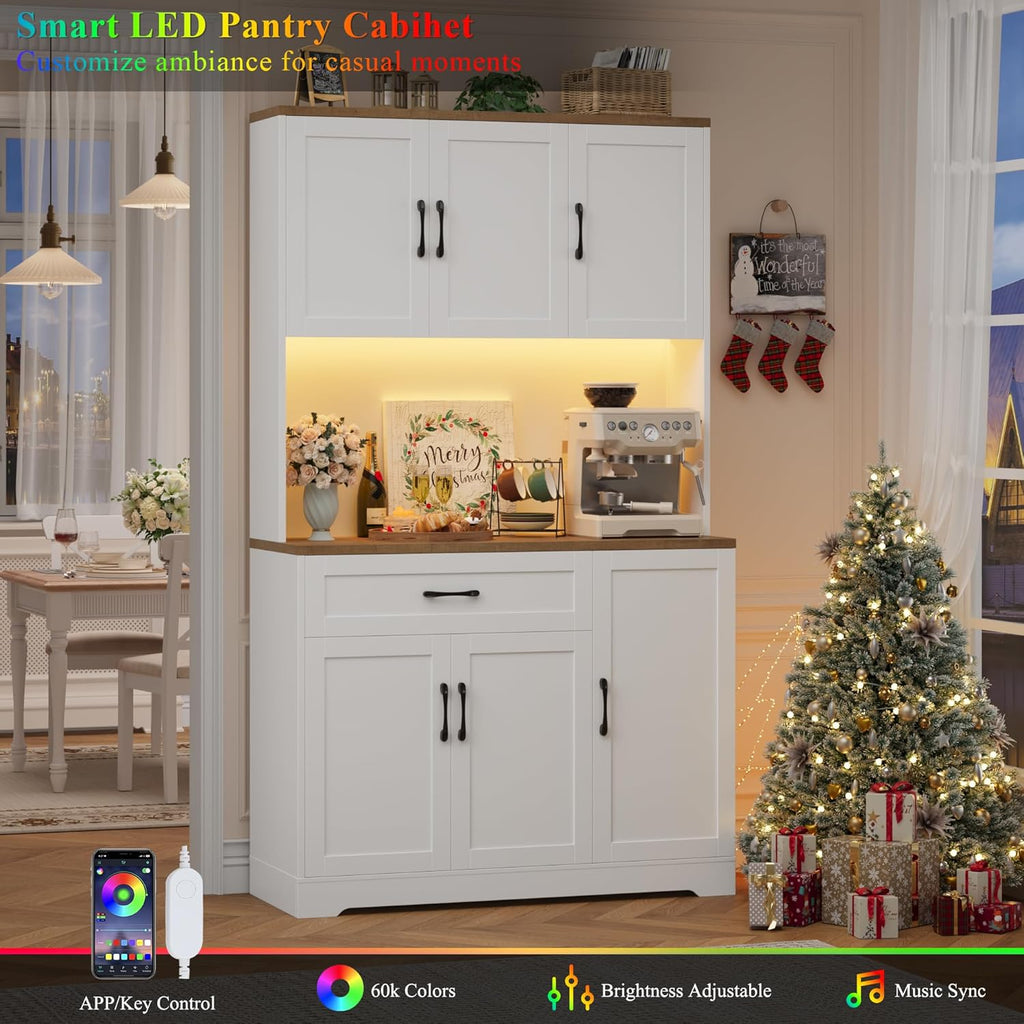 HIFIT 71' LED Pantry Cabinet with Power Outlet, Tall Kitchen Hutch Storage Cabinet with Microwave Stand & 6 Door Shelves, Modern Food Pantry Cabinets with Drawer for Kitchen Dining Living Room, White