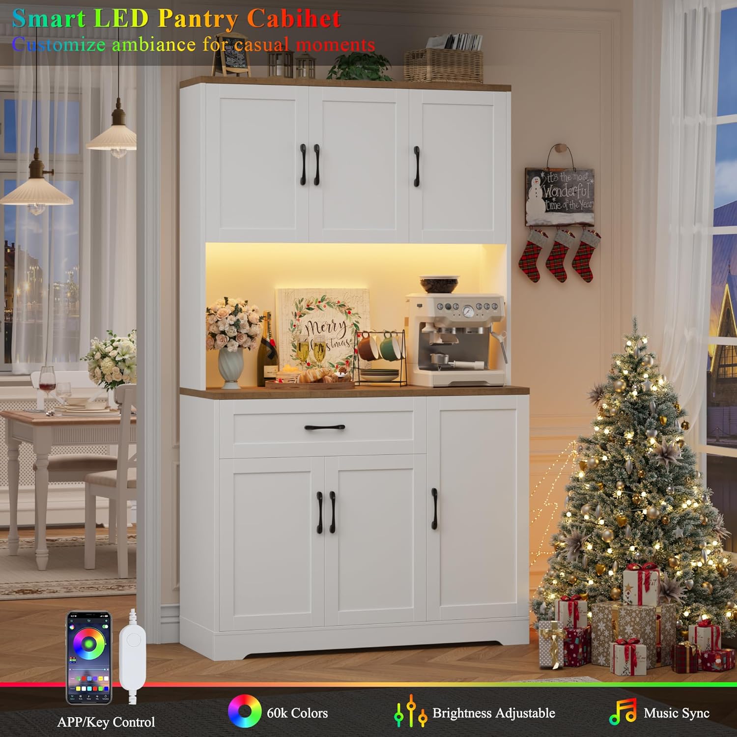 HIFIT 71' LED Pantry Cabinet with Power Outlet, Tall Kitchen Hutch Storage Cabinet with Microwave Stand & 6 Door Shelves, Modern Food Pantry Cabinets with Drawer for Kitchen Dining Living Room, White