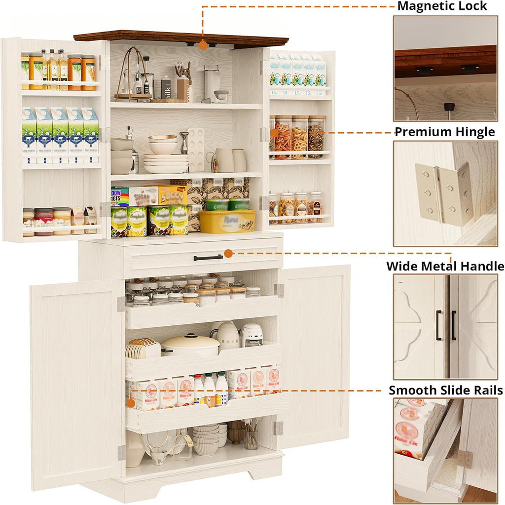 IRONCK Farmhouse Pantry Cabinet, 72' Tall Kitchen Storage Cabinet, Freestanding Cupboard with Sliding Rack & 6 Hanging Shelves,Kitchen Pantry Furniture for Dining Room, Easy Assembly, White
