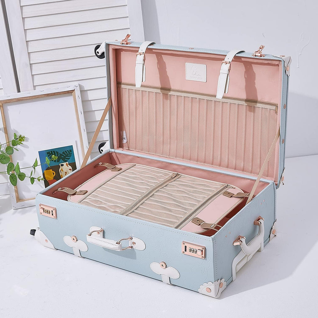 UNIWALKER Vintage Luggage Set, 2 Piece Women Carry on Trolley Suitcase with Spinner Wheels, Handcraft Leather Travel Bag with Cosmetic Train Case, 20'+12', Embossed Blue