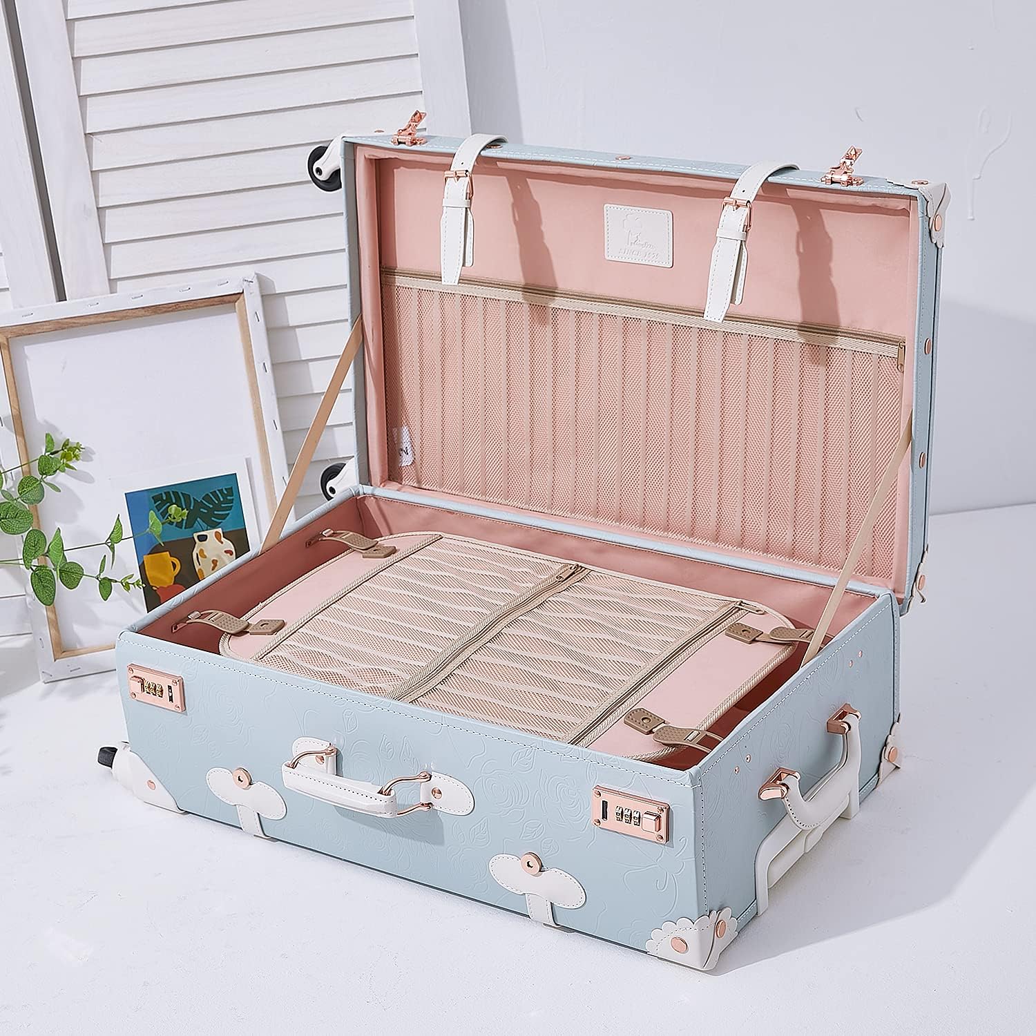 UNIWALKER Vintage Luggage Set, 2 Piece Women Carry on Trolley Suitcase with Spinner Wheels, Handcraft Leather Travel Bag with Cosmetic Train Case, 20'+12', Embossed Blue