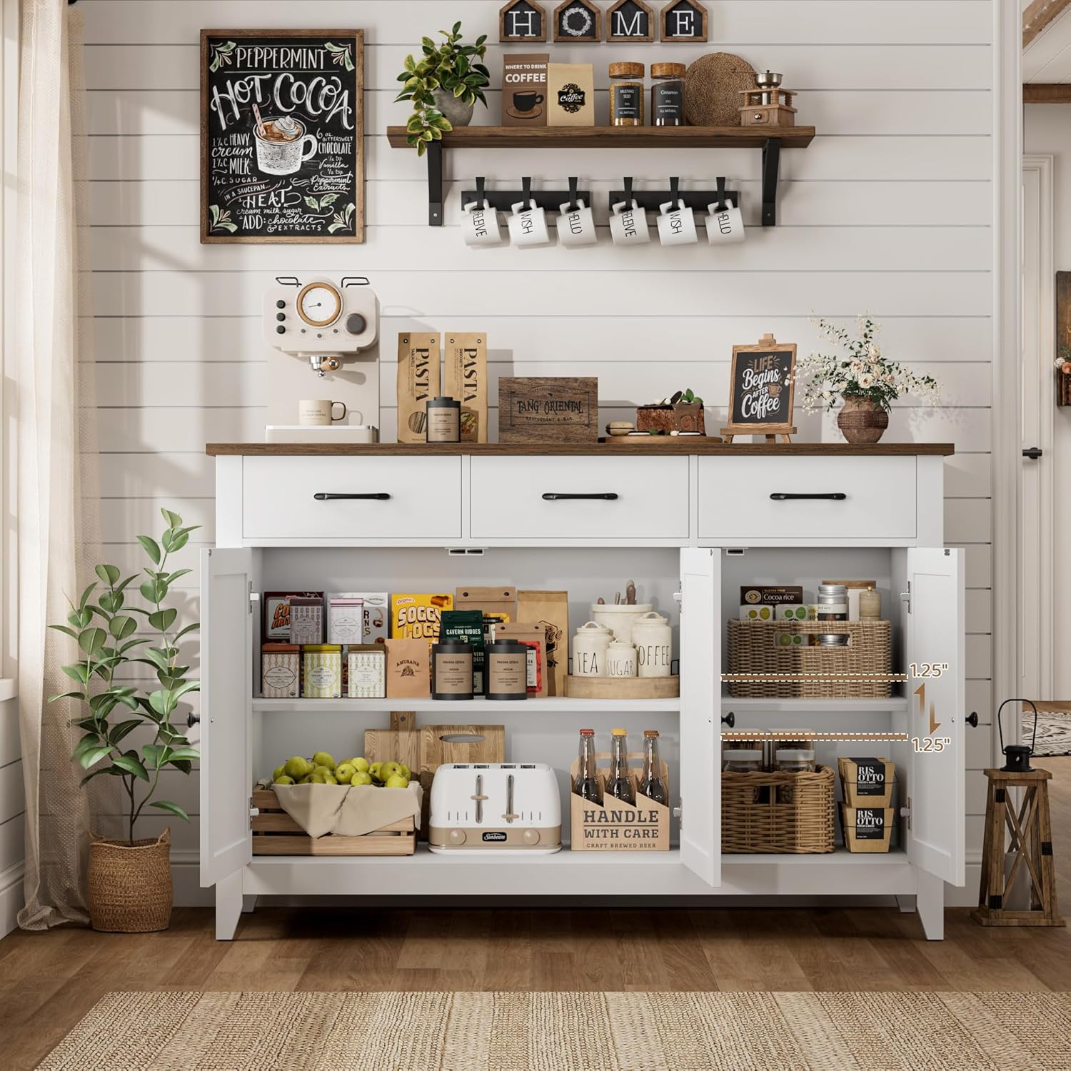 HORSTORS 47' Buffet Cabinet with Storage, Kitchen Buffet Table with Drawers, Modern Farmhouse Coffee Bar Storage Cabinet with Adjustable Shelf, Wood Sideboard for Dining Room, Kitchen, Entryway, White