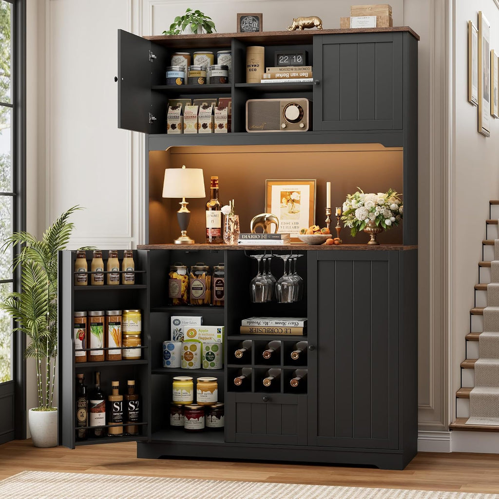 FINETONES 71' Pantry Cabinet with LED Light and Charging Station, Kitchen Pantry Cabinet with Microwave Stand, Kitchen Hutch Food Storage Cabinet with Outlet and Wine Racks, Black