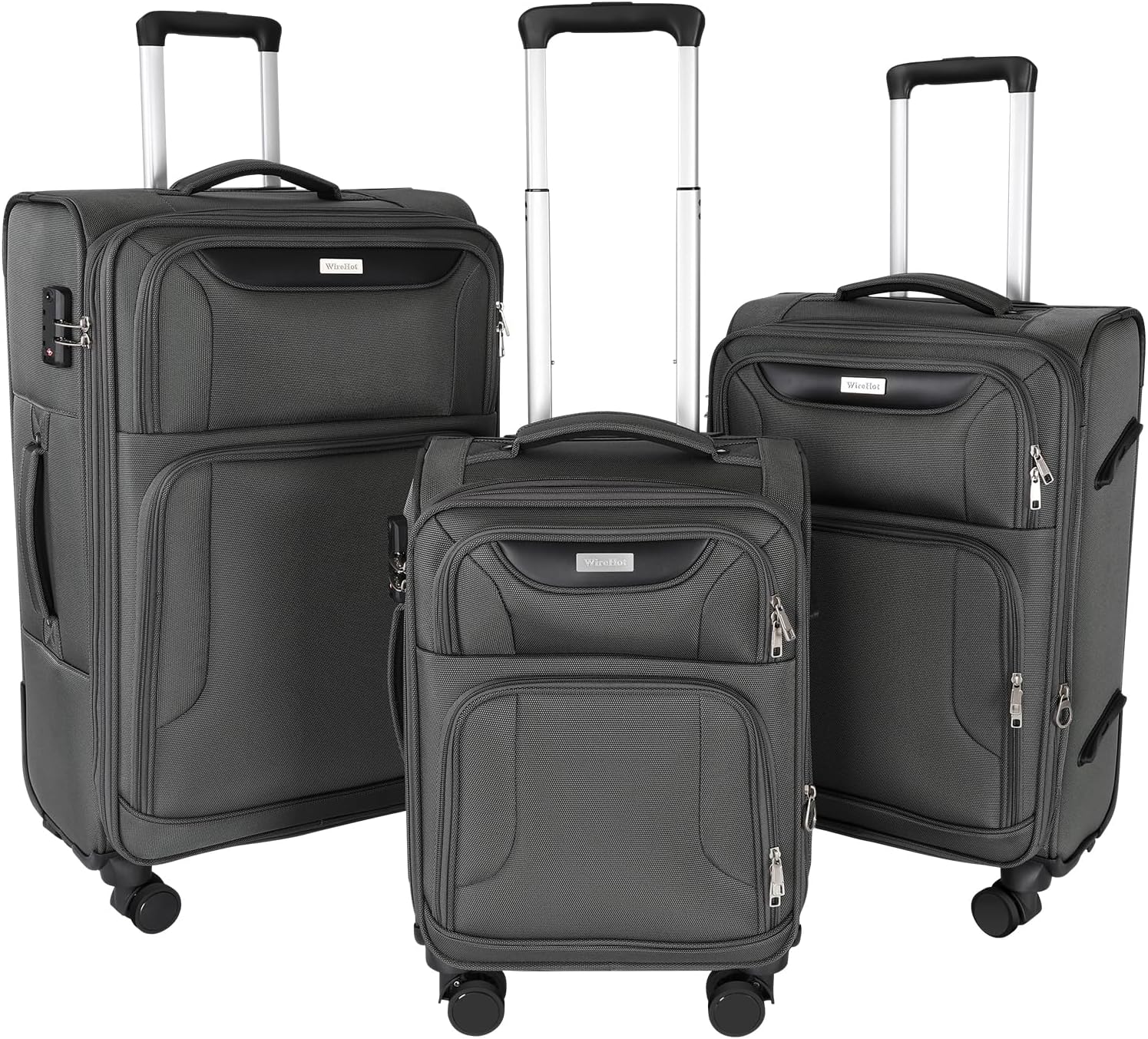 WireHot 3-Piece Softside Expandable Luggage Set with Front Open Pocket, Lightweight and Durable Oxford Fabric Suitcase Set with TSA Lock (Gray, 20in/24in/28in)