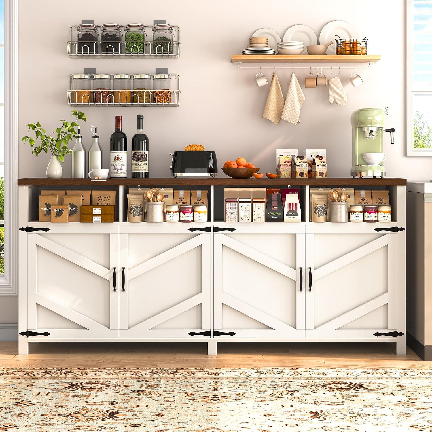 knoworld 63'' Buffet Sideboard with Storage Farmhouse with 4 Doors, Large Kitchen Storage Cabinet Wood Coffee Bar Cabinet Buffet Table with Shelves for Kitchen, Dining Room, Entryway