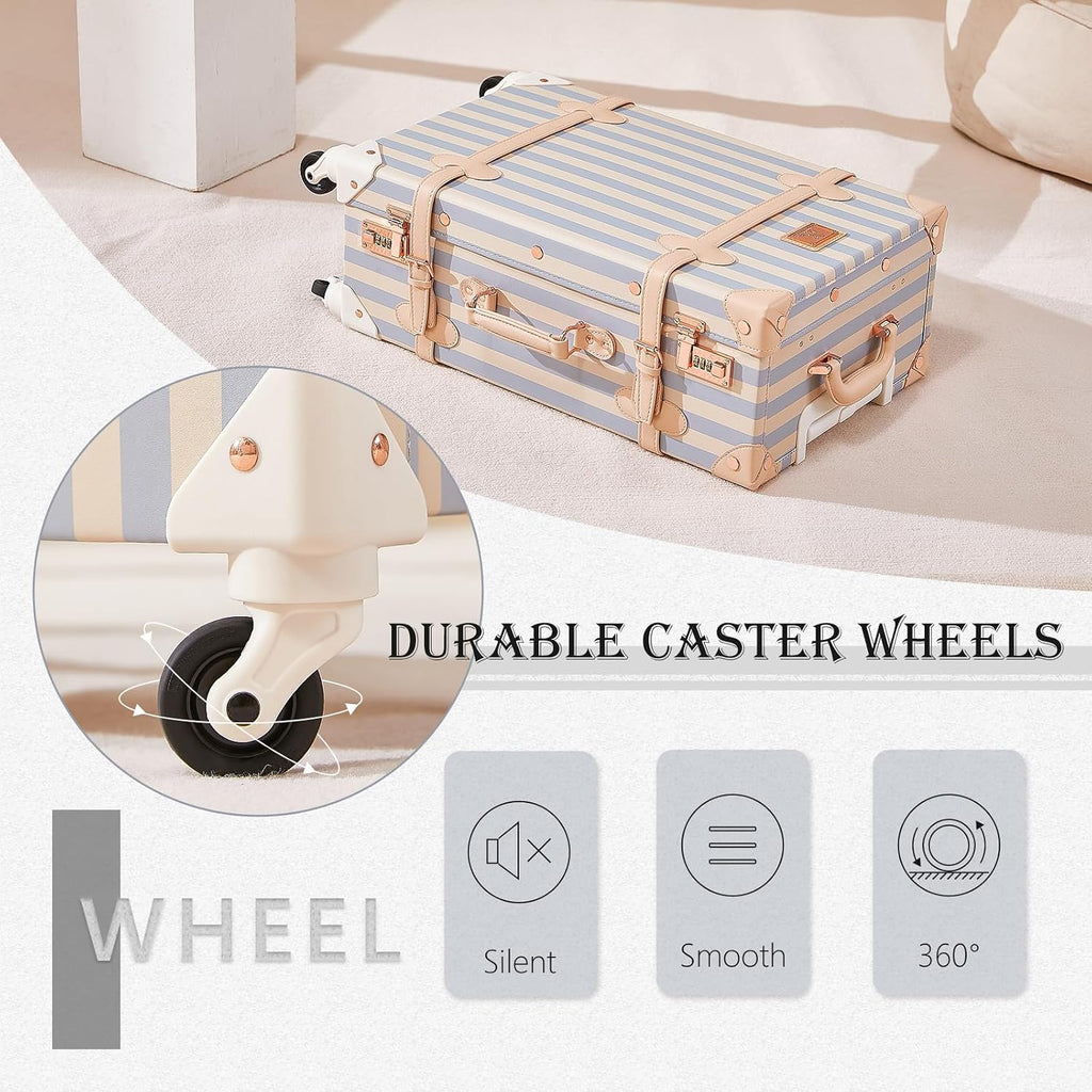 UNIWALKER Vintage Suitcase Set for Women, 2 Piece Retro Spinner Trunk Luggage with Cosmetic Handbag, 24'+12', Blue Strip