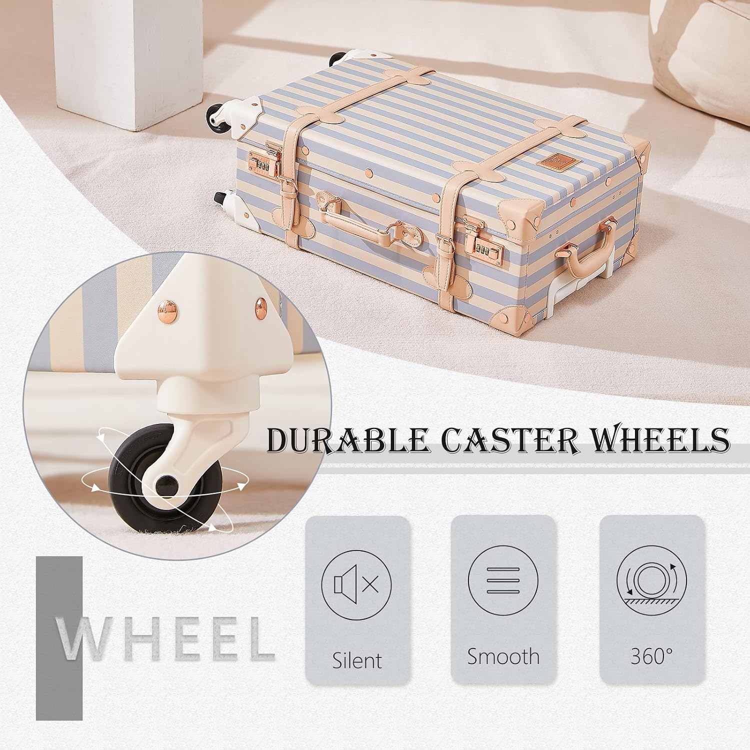 UNIWALKER Vintage Suitcase Set for Women, 2 Piece Retro Spinner Trunk Luggage with Cosmetic Handbag, 24'+12', Blue Strip