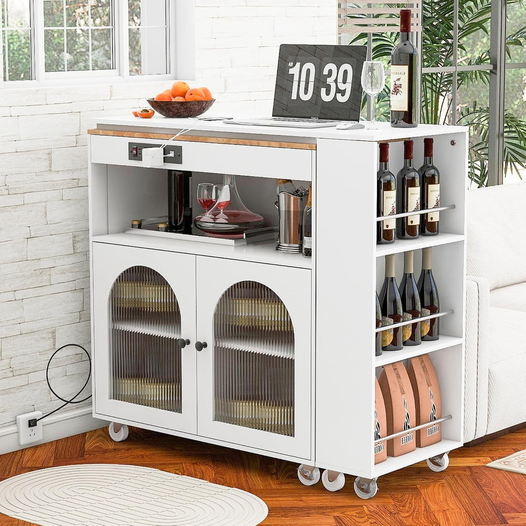 Rolling Kitchen Island With Extended Table, Kitchen island on Wheels with LED Lights,Power Outlets and 2 Fluted Glass Doors, Kitchen Island with a Storage Compartment and Side 3 Open Shelves,White