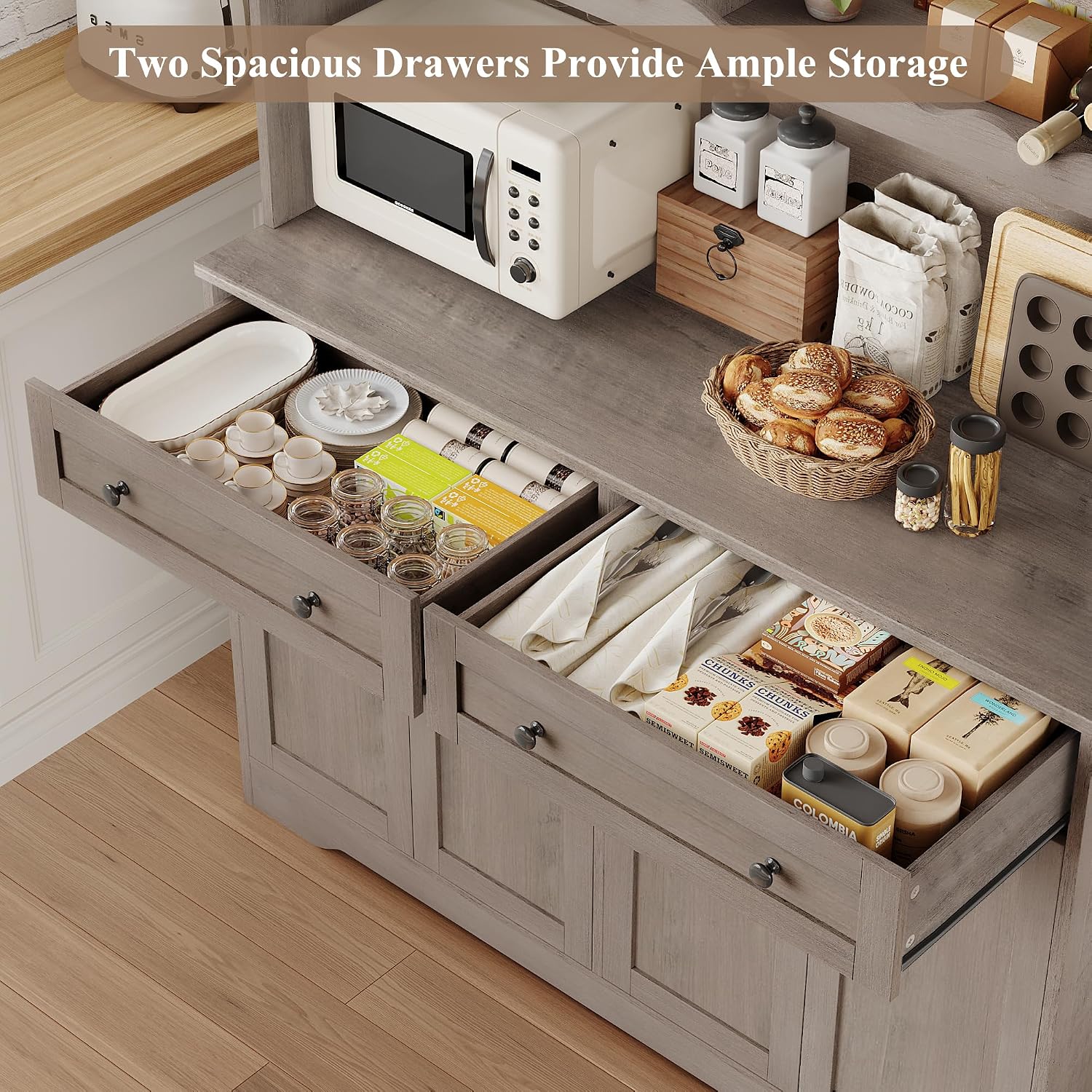 HOSTACK 75.4' Tall Kitchen Pantry Cabinet with Charging Station, Modern White Kitchen Hutch with Microwave Stand and Wine Rack, Large Food Pantry Storage Cabinet with Glass Doors and Drawers, Ash Gray