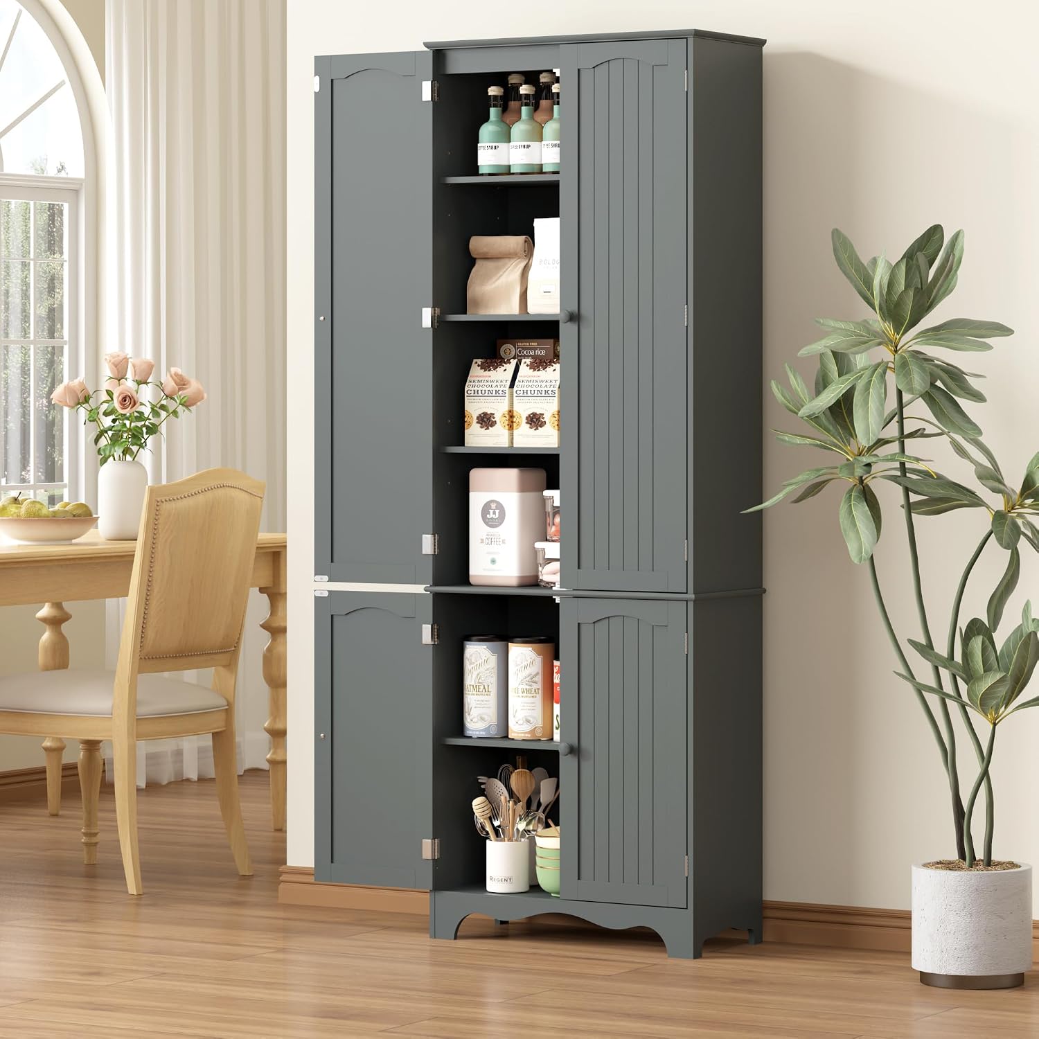 Yusong 72'' Tall Kitchen Pantry Cabinet, Freestanding Storage Cabinet with Doors and Shelves, Wooden Food Pantry Farmhouse Cupboard Buffet for Kitchen Dining Living Room, Gray