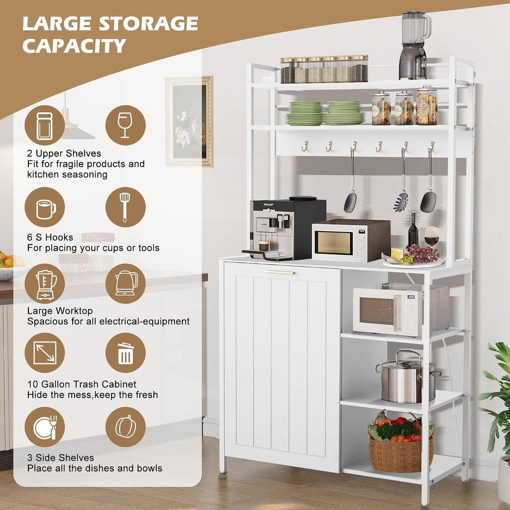 Kitchen Bakers Rack with Power Outlets, 63'H Microwave Oven Organizer with Tilt Out Trash Can Cabinet Storage Shelf 6 Tiers Coffee Bar Stand, Freestanding Pantry Hutch Rack with 6 Hooks (white)