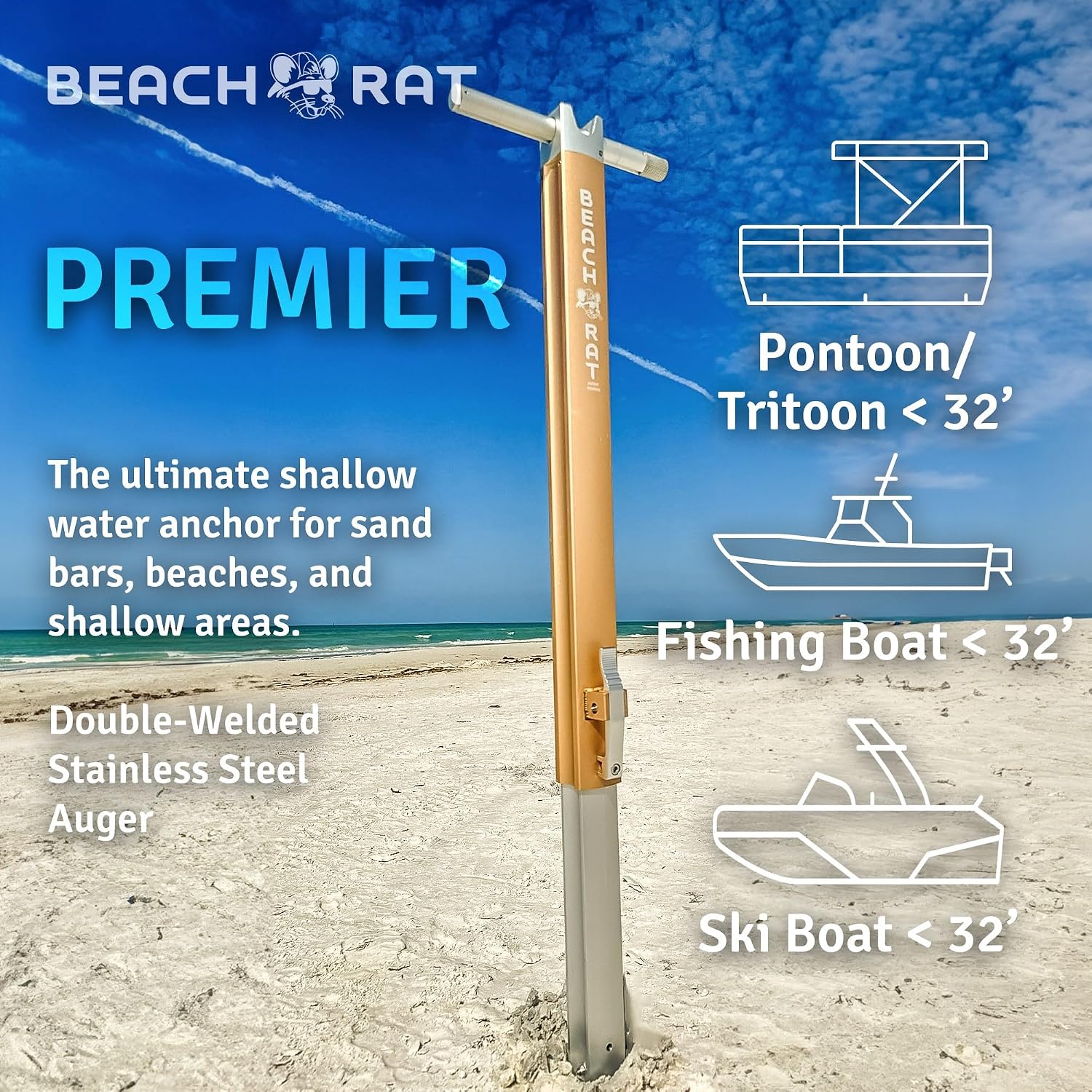 Beach Rat Anchor & Case - Pontoon, Tritoon, PWC Anchor - Shallow Water Boat Anchor & Sandbar Anchor, Screw in Boat Anchor, Stainless Steel & Aluminum Anchor Pole Accessory