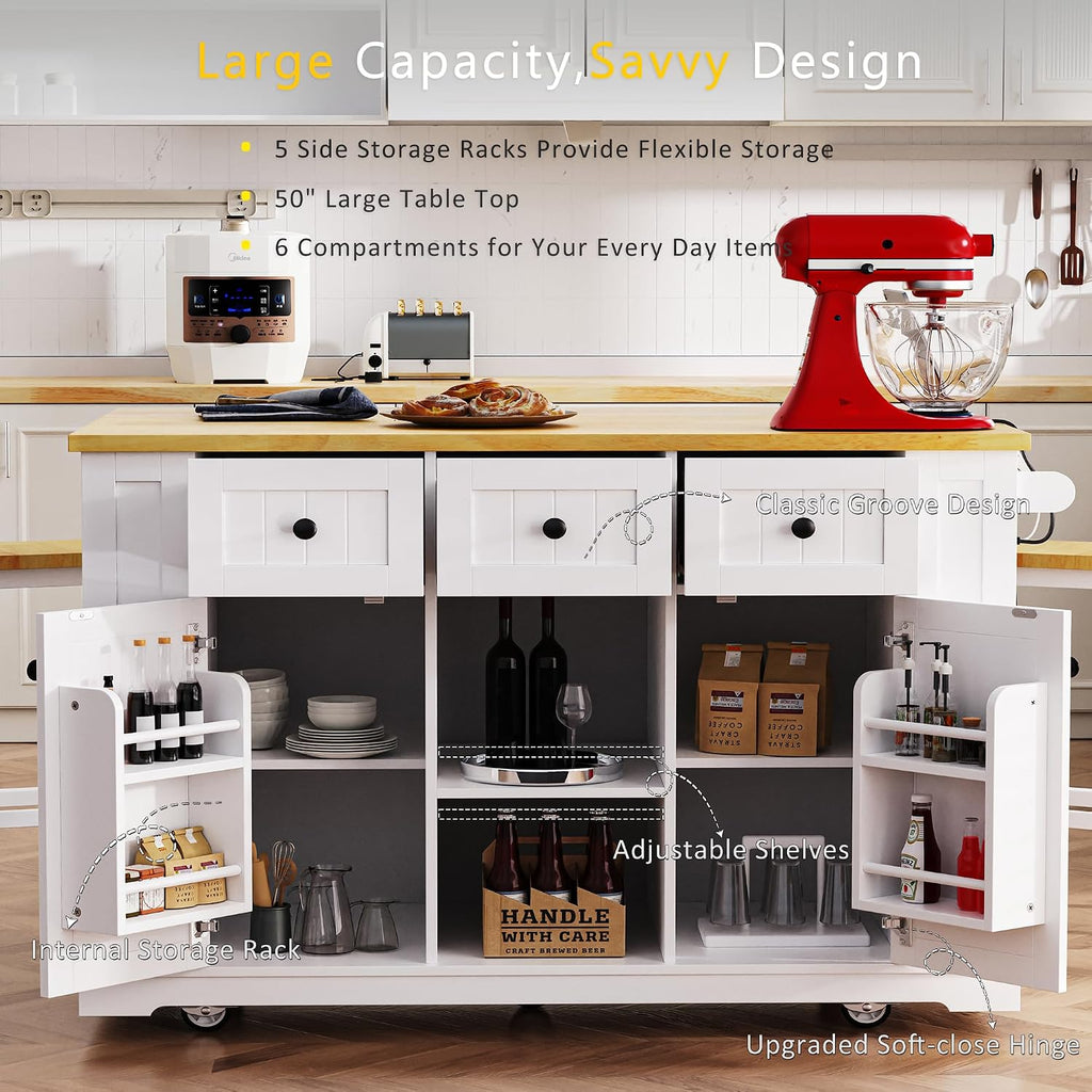 Classic Large Kitchen Island with 2 Bar Stools, Power Outlet,Door Internal Storage Rack, Kitchen Storage Cart on 5 Wheels with Drop Leaf, Used for Home, Dining Room (White/Large)