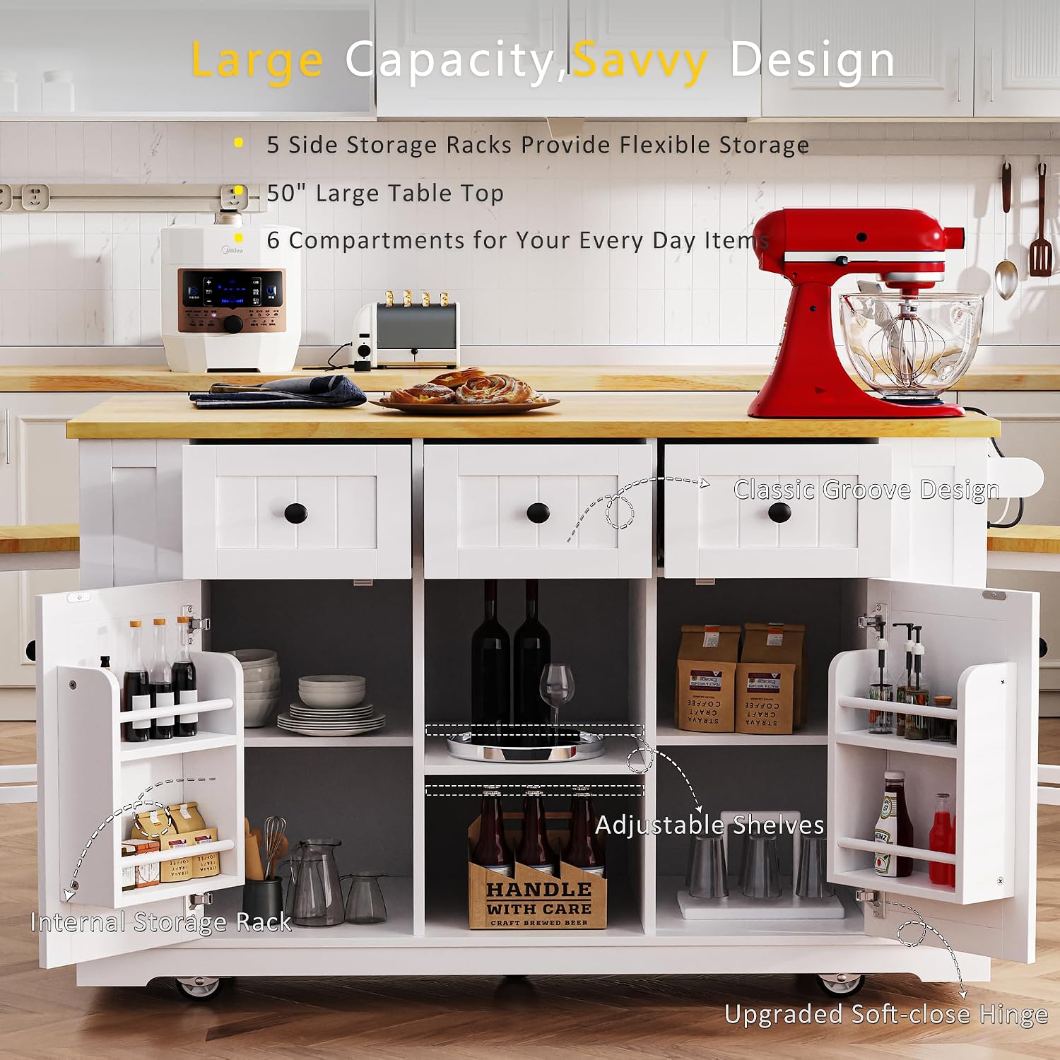 Large Kitchen Island Cart on 5 Wheels with 2 Bar Stools, Power Outlet, 3 Drawers, Kitchen Storage Cart with 5 Open Side Racks, Drop Leaf for Kitchen, Dining Room, Home Bar White