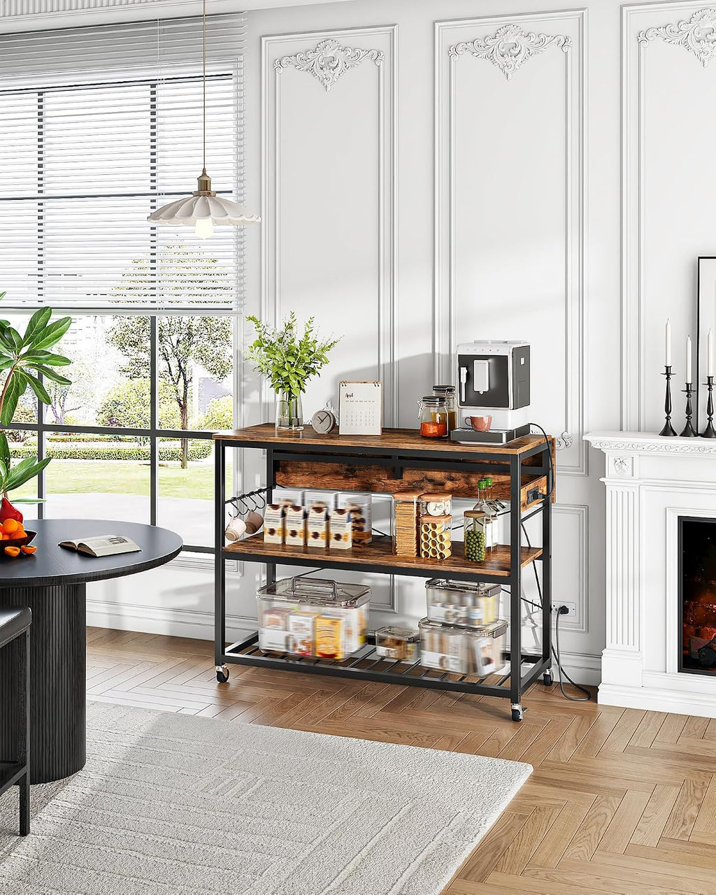 CHOEZON Kitchen Island with Power Outlet and Pot Racks Bundle, Movable with 3-Tier Storage, for Kitchen, Dining and Living Room TZD02UBF-TPR15BB