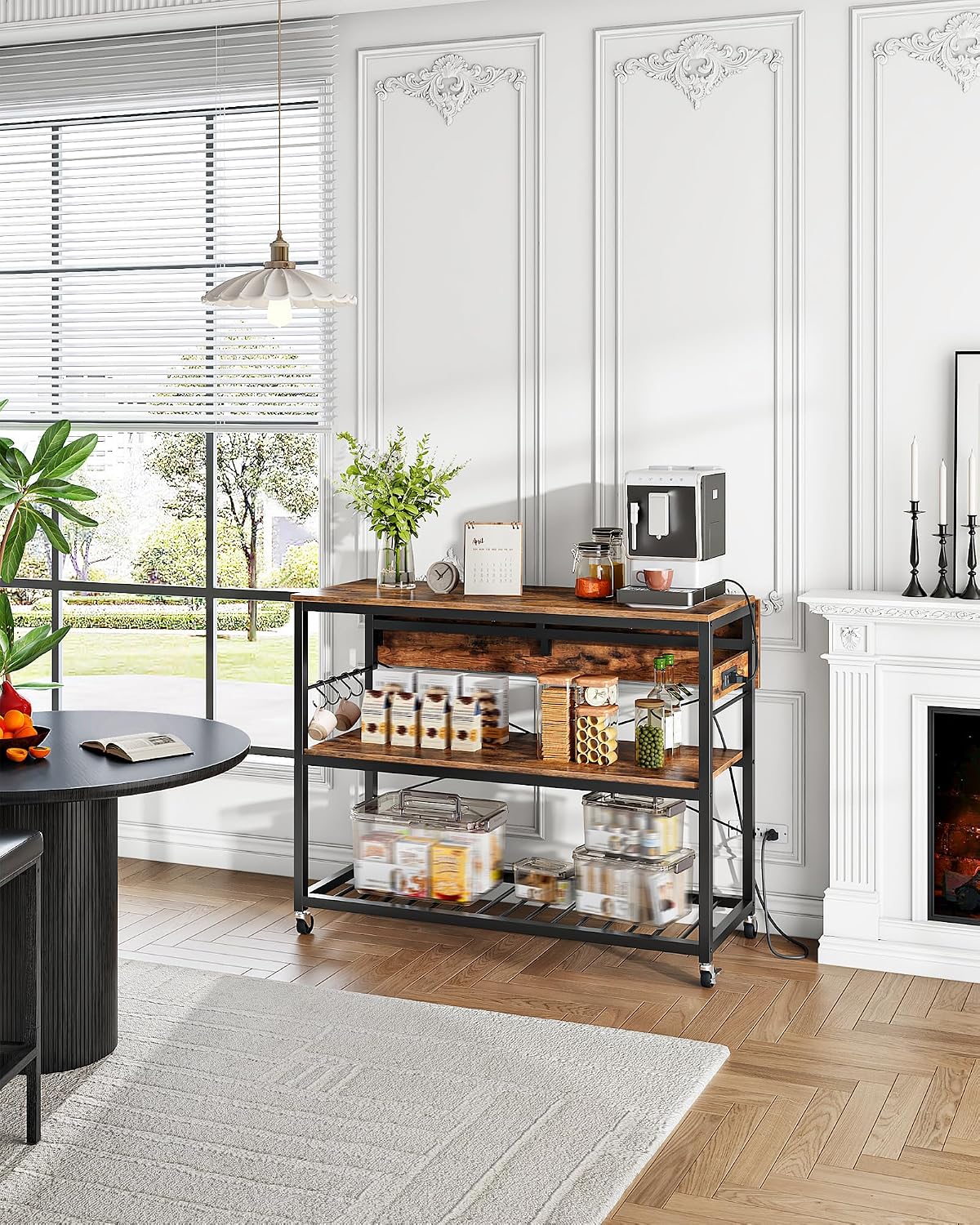 CHOEZON Kitchen Island with Power Outlet and Pot Racks Bundle, Movable with 3-Tier Storage, for Kitchen, Dining and Living Room TZD02UBF-TPR15BB