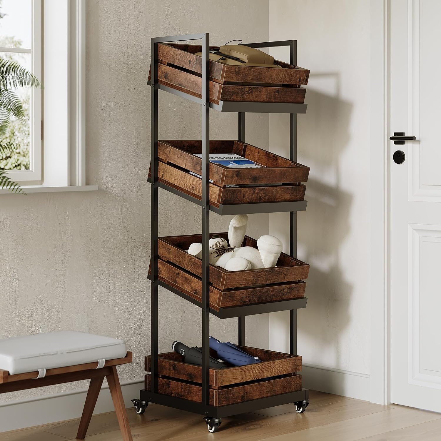 LITTLE TREE 4-Tier Basket Stand with Locked Wheels, Mobile Fruit and Vegetable Storage, Floor Stand Rack, Utility Shelf, for Kitchen, Living Room, Pantry (Rustic Brown)