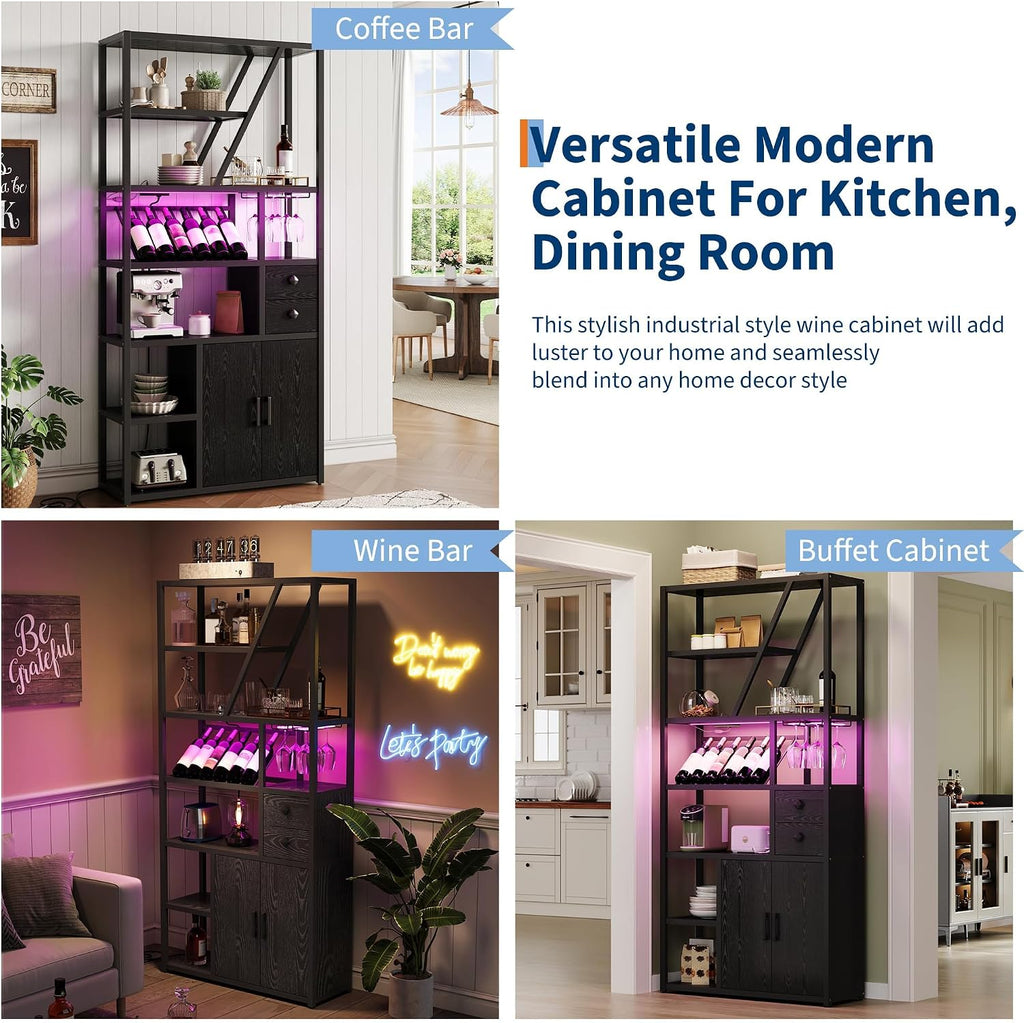 Wine Bar Cabinet with LED Lights,Bakers Rack with Power Outlet Tall Coffee Bar Station with Wine Rack, Industrial Microwave Stand with Storage for Living Room