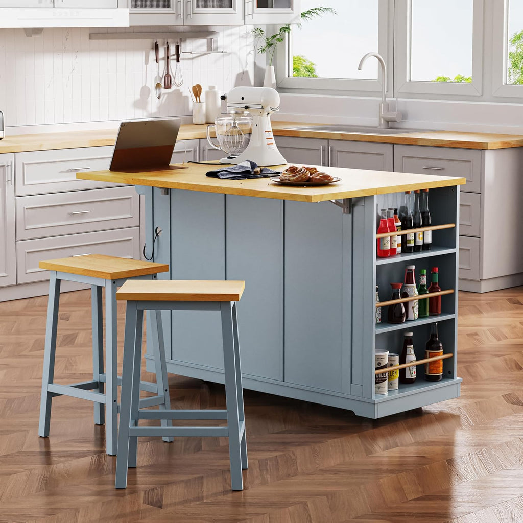 Large Kitchen Island Cart on 5 Wheels with 2 Bar Stools, Power Outlet, 3 Drawers, Kitchen Storage Cart with 5 Open Side Racks, Drop Leaf for Kitchen, Dining Room, Home Bar Grey Blue