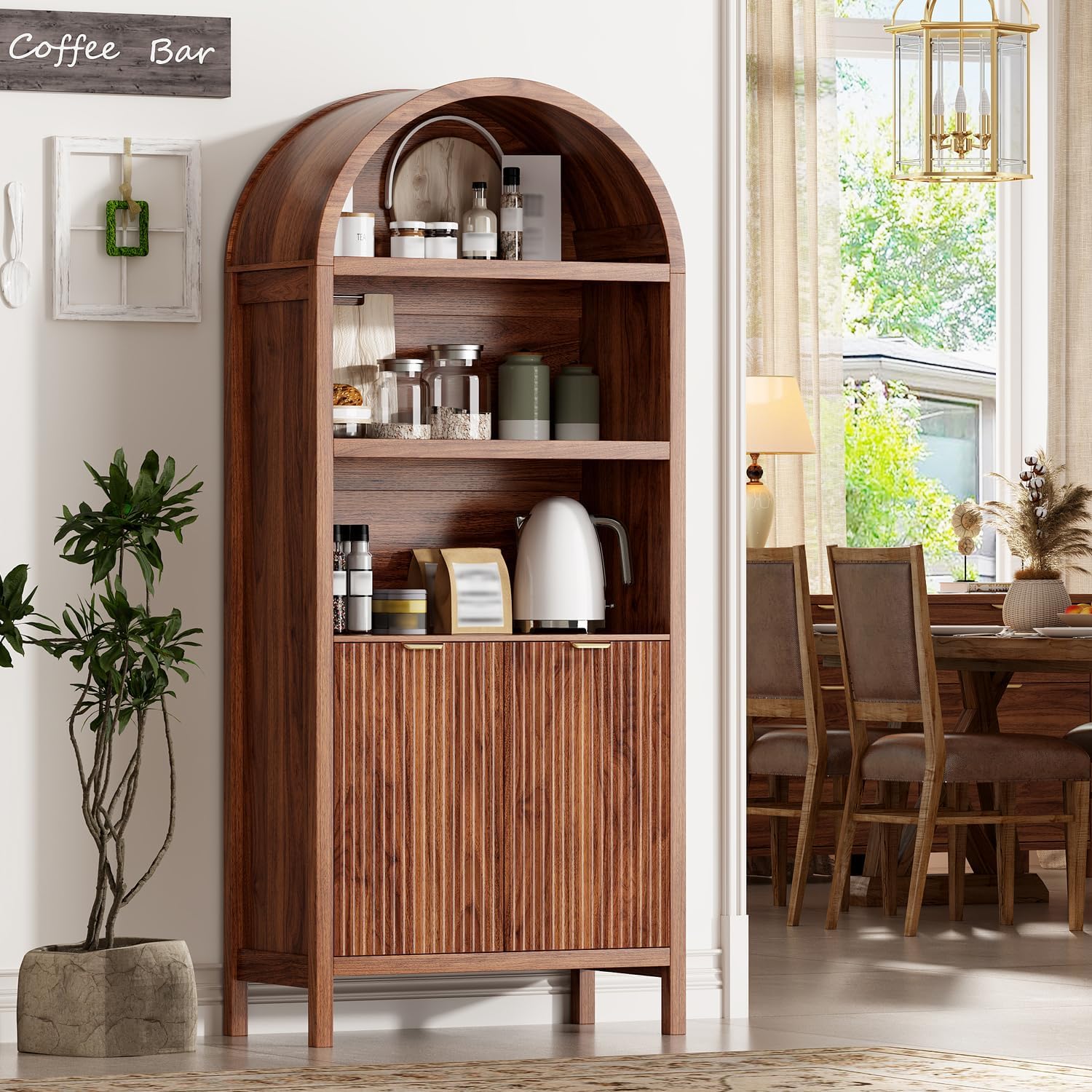 Ieejdn 71' Tall Arched Kitchen Pantry,Modern Fluted Wood Storage Cabinet with Doors,Adjustable Shelves,Organizer, Versatile Cupboard for Kitchen,Living Room,Dining Room,Bathroom,Walnut3