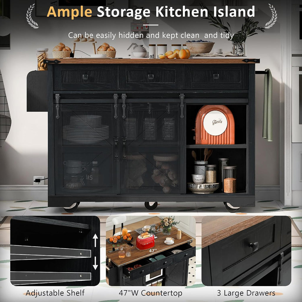53.7' Farmhouse Rolling Kitchen Island Cart on Wheels with Power Outlet, Storage Island with Drop Leaf, Spice Rack, 2 Sliding Barn Door and Drawer for Dining Room Kitchens Living Room Black