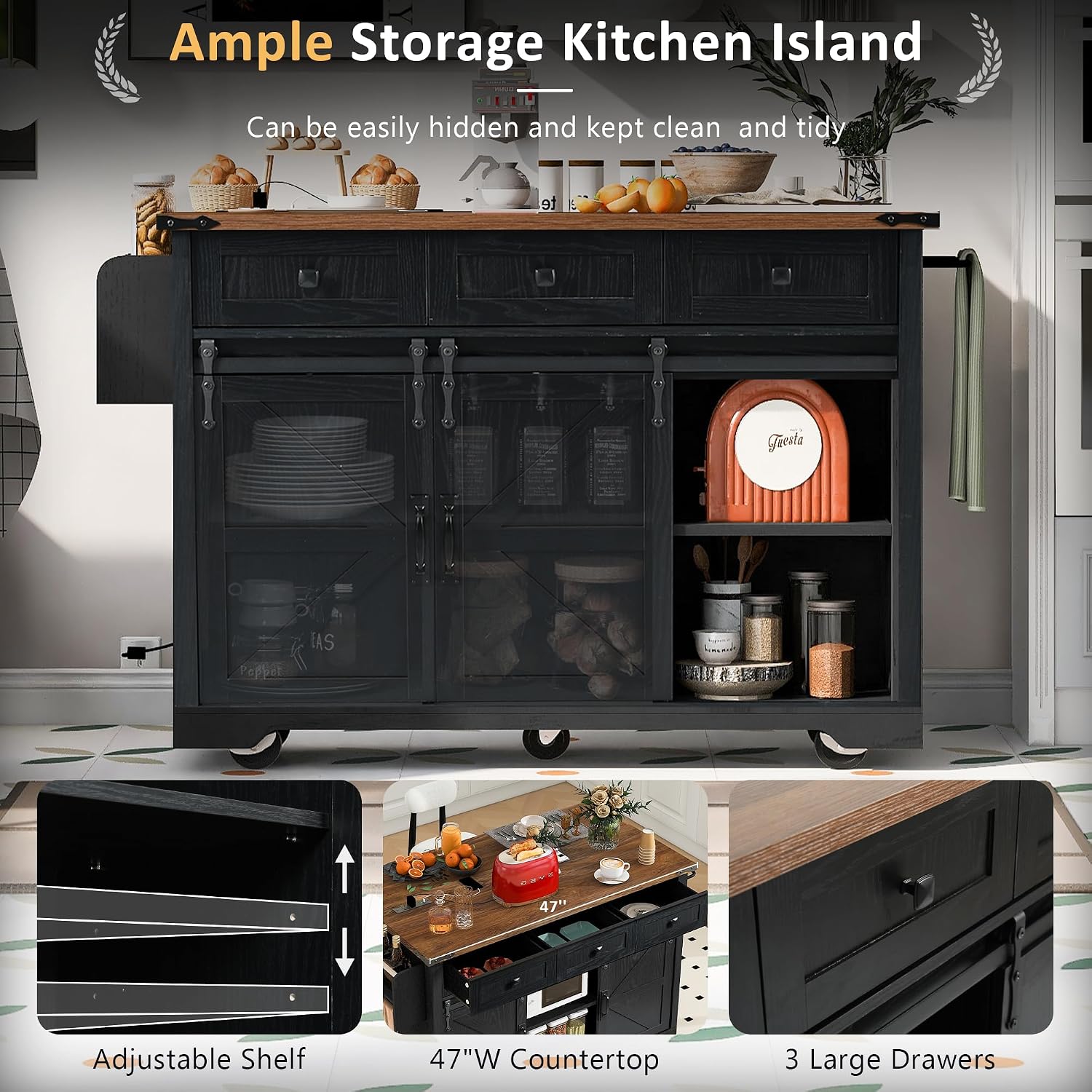 53.7' Farmhouse Rolling Kitchen Island Cart on Wheels with Power Outlet, Storage Island with Drop Leaf, Spice Rack, 2 Sliding Barn Door and Drawer for Dining Room Kitchens Living Room Black