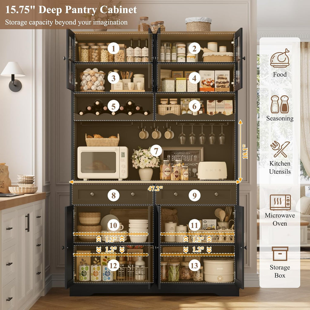 HOSTACK 75.4' Tall Kitchen Pantry Cabinet with Charging Station, Modern White Kitchen Hutch with Microwave Stand and Wine Rack, Large Food Pantry Storage Cabinet with Glass Doors and Drawers, Black