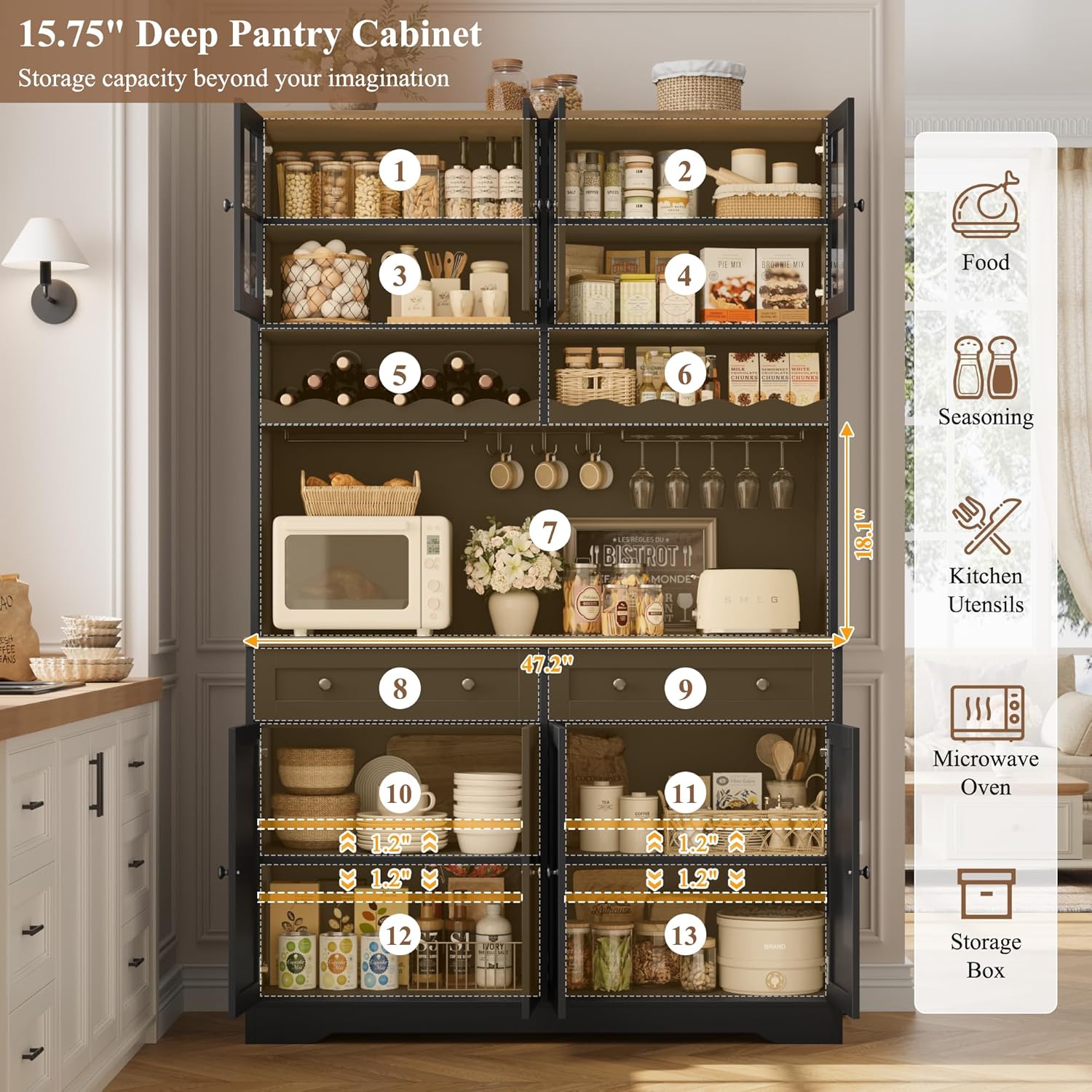 HOSTACK 75.4' Tall Kitchen Pantry Cabinet with Charging Station, Modern White Kitchen Hutch with Microwave Stand and Wine Rack, Large Food Pantry Storage Cabinet with Glass Doors and Drawers, Black