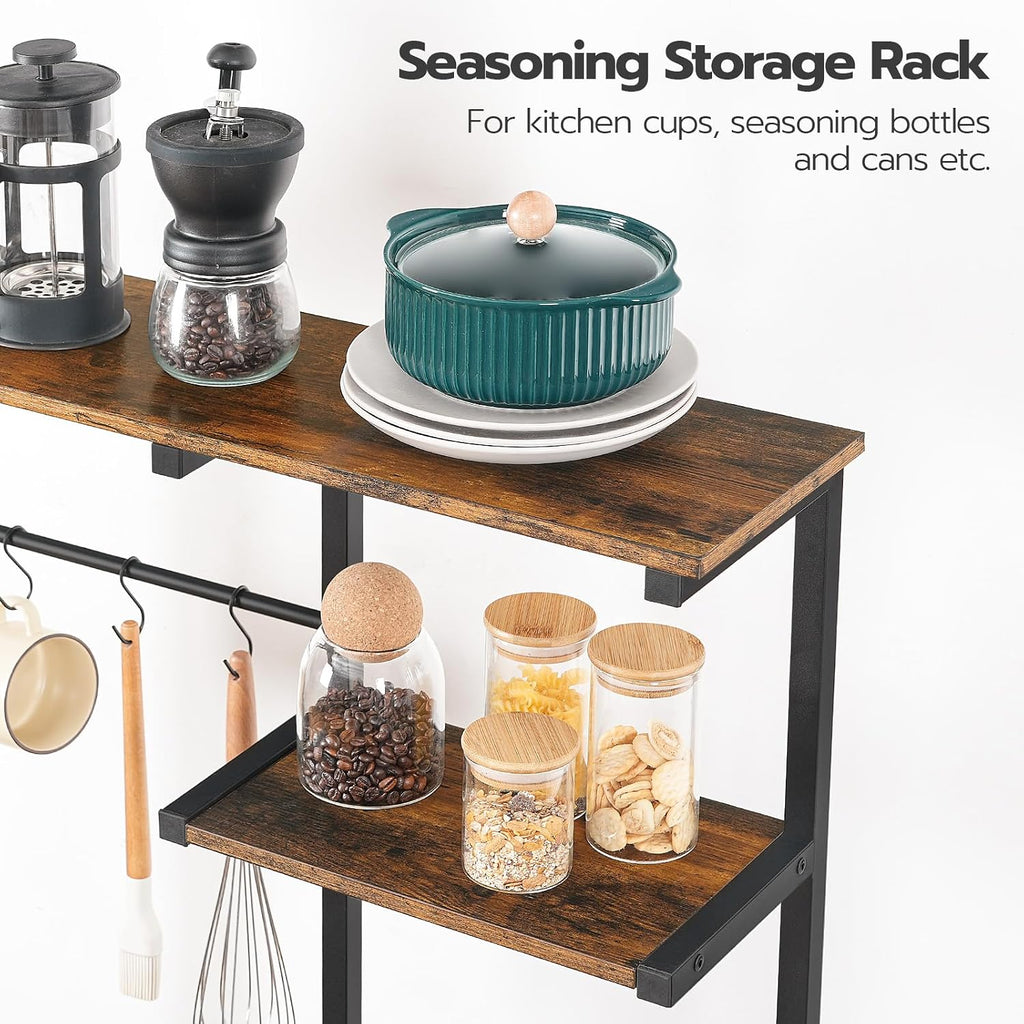 HOOBRO Bakers Rack with Power Outlet and Large Microwave stand with Power Outlets, 35.4 In Coffee Bar with Mesh Basket, Kitchen Shelf with Wire Basket, Rustic Brown and Black BF05HB01-BF64UHB01