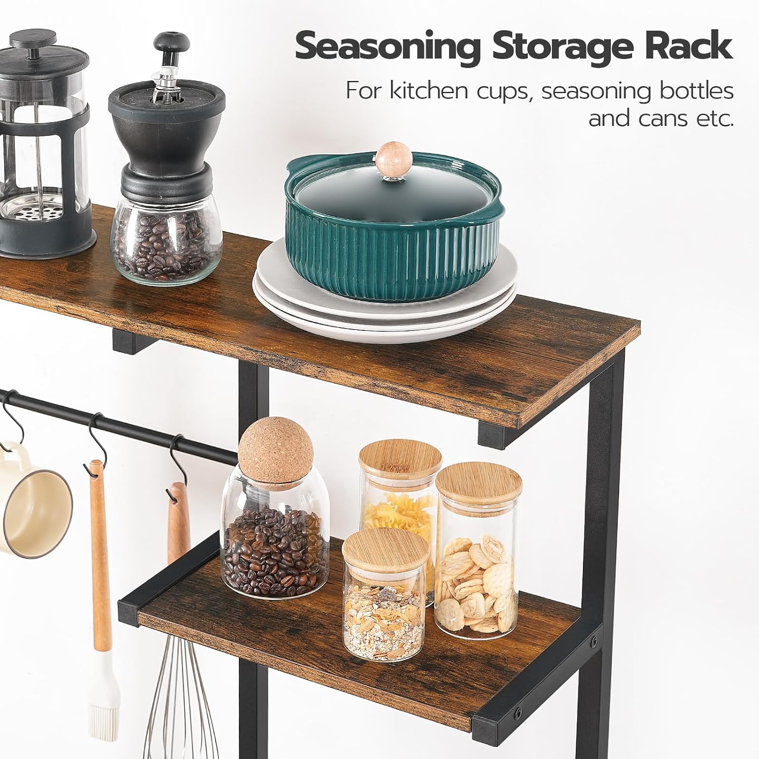 HOOBRO Bakers Rack with Power Outlet and Large Microwave stand with Power Outlets, 35.4 In Coffee Bar with Mesh Basket, Kitchen Shelf with Wire Basket, Rustic Brown and Black BF05HB01-BF64UHB01