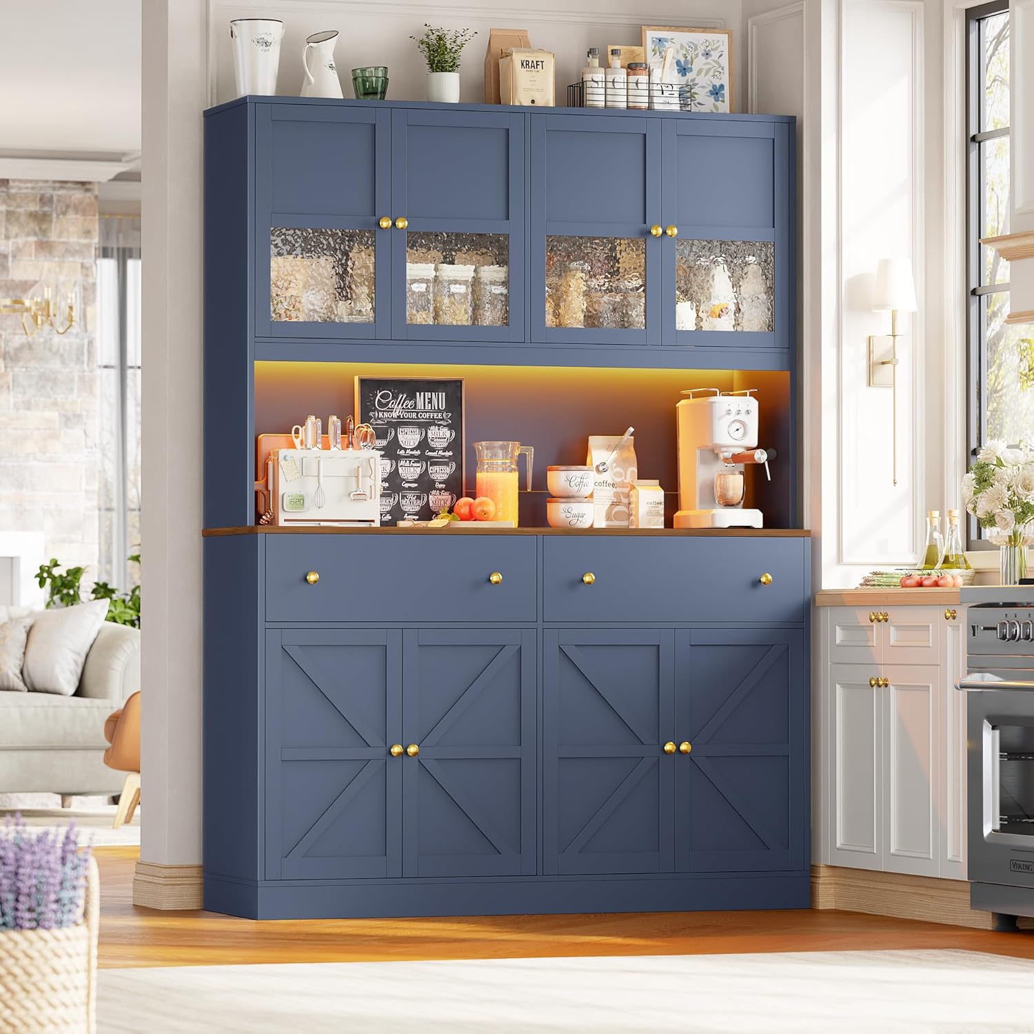 FINETONES 71' Pantry Cabinet with LED Light and Charging Station, Farmhouse Kitchen Pantry Cabinet with Microwave Stand, 47.2' Wide Kitchen Hutch Food Pantry with Open Countertop, Blue