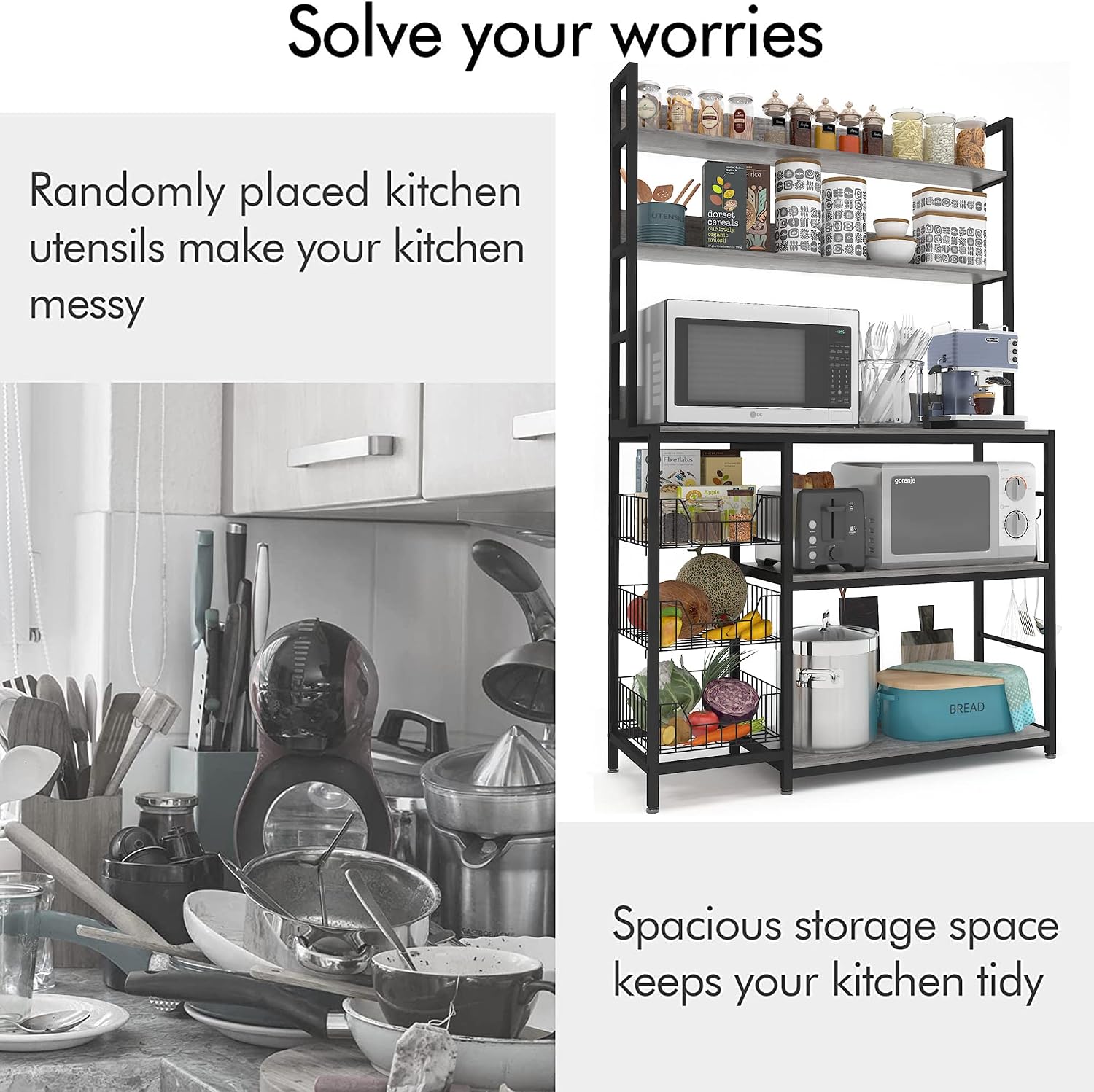 Kitchen Bakers Rack with Baskets,Free Standing Shelf,5-Tier Kitchen Utility Storage Shelf with Hooks, Microwave Oven Stand Rack Grey