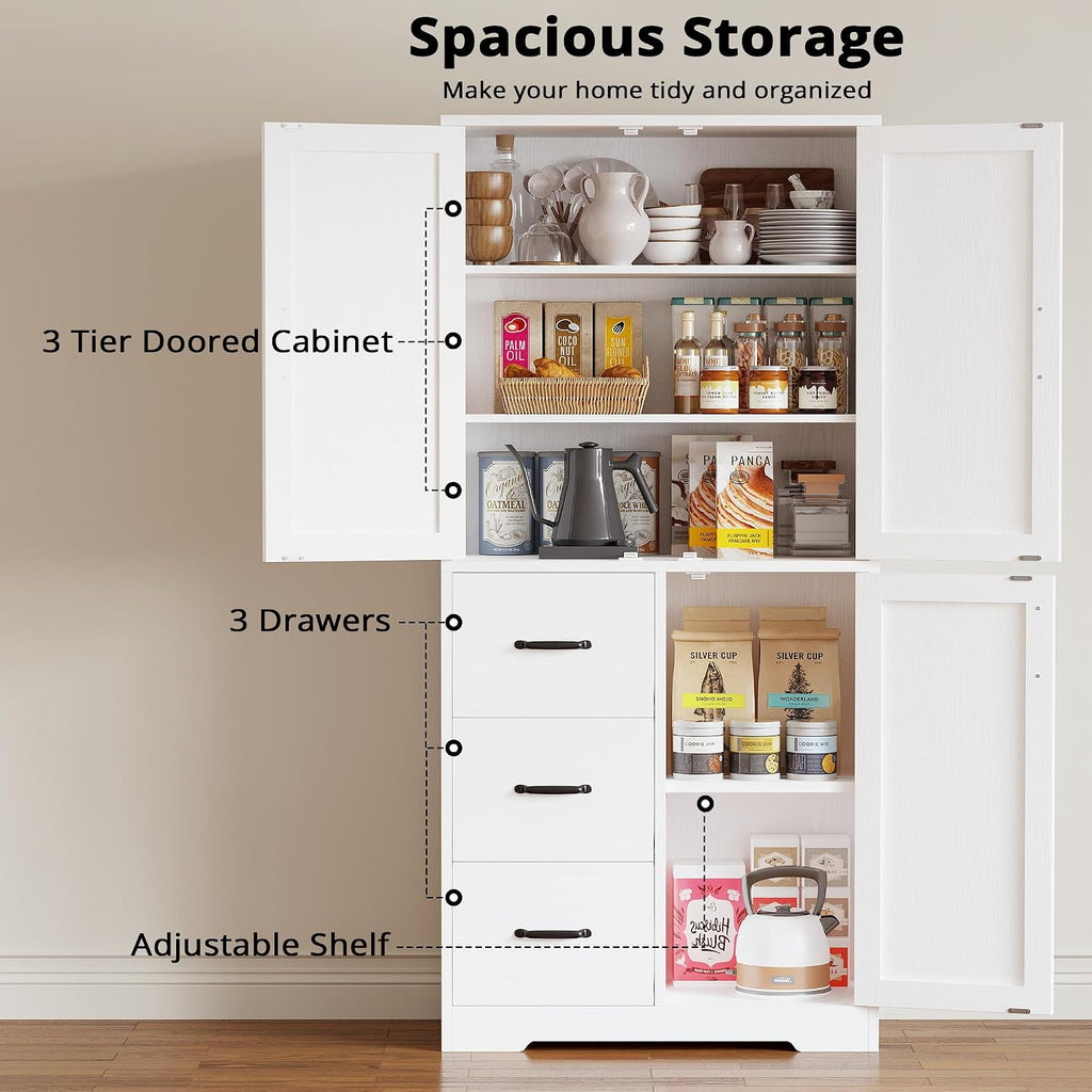 IRONCK Pantry Cabinet, 67.5 inch Tall Storage Cabinet with 3 Doors & Drawers, Farmhouse Kitchen Cabinet with Adjustable Shelves, 5 Tier Freestanding Cupboard for Kitchen