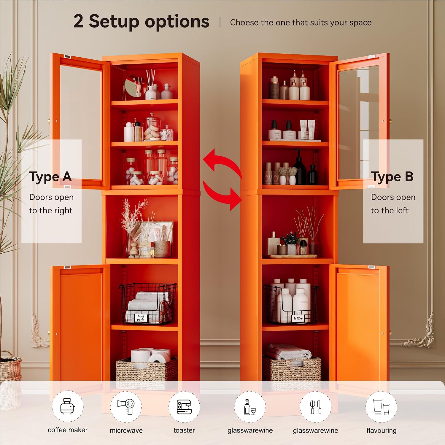 YAUWOH 2-Door Metal Storage Cabinet, Tall Slim Pantry Organizer with 3 Adjustable Shelves (120LBS/Shelf), Anti-Tipping Waterproof Cabinet for Bathroom/Kitchen/Home Office/Small Spaces,(1PC,Orange)