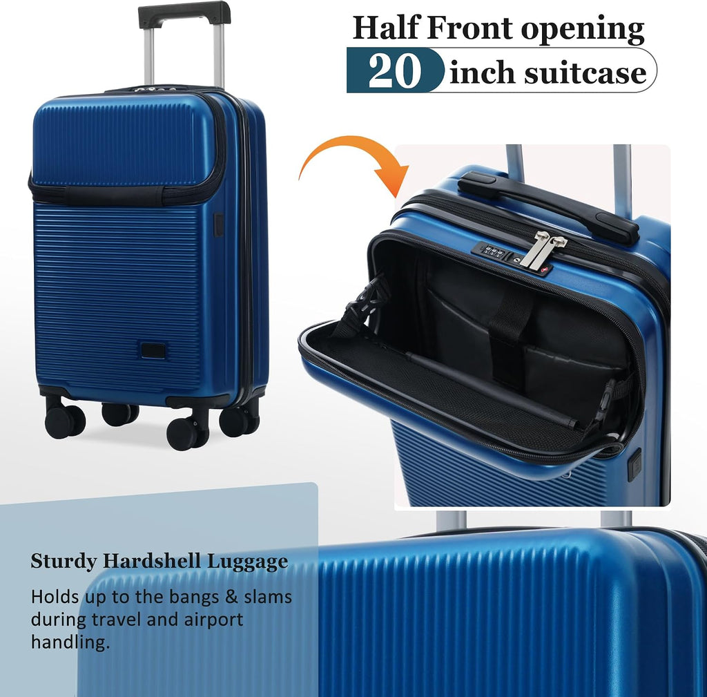 Merax Luggage Sets 5 Piece with Half-opening, Hardside 20' Carry On Suitcase Set with USB Port,Lightweight Travel 24' 28' Luggage with Bags TSA Locks Double Spinner Wheels,Blue