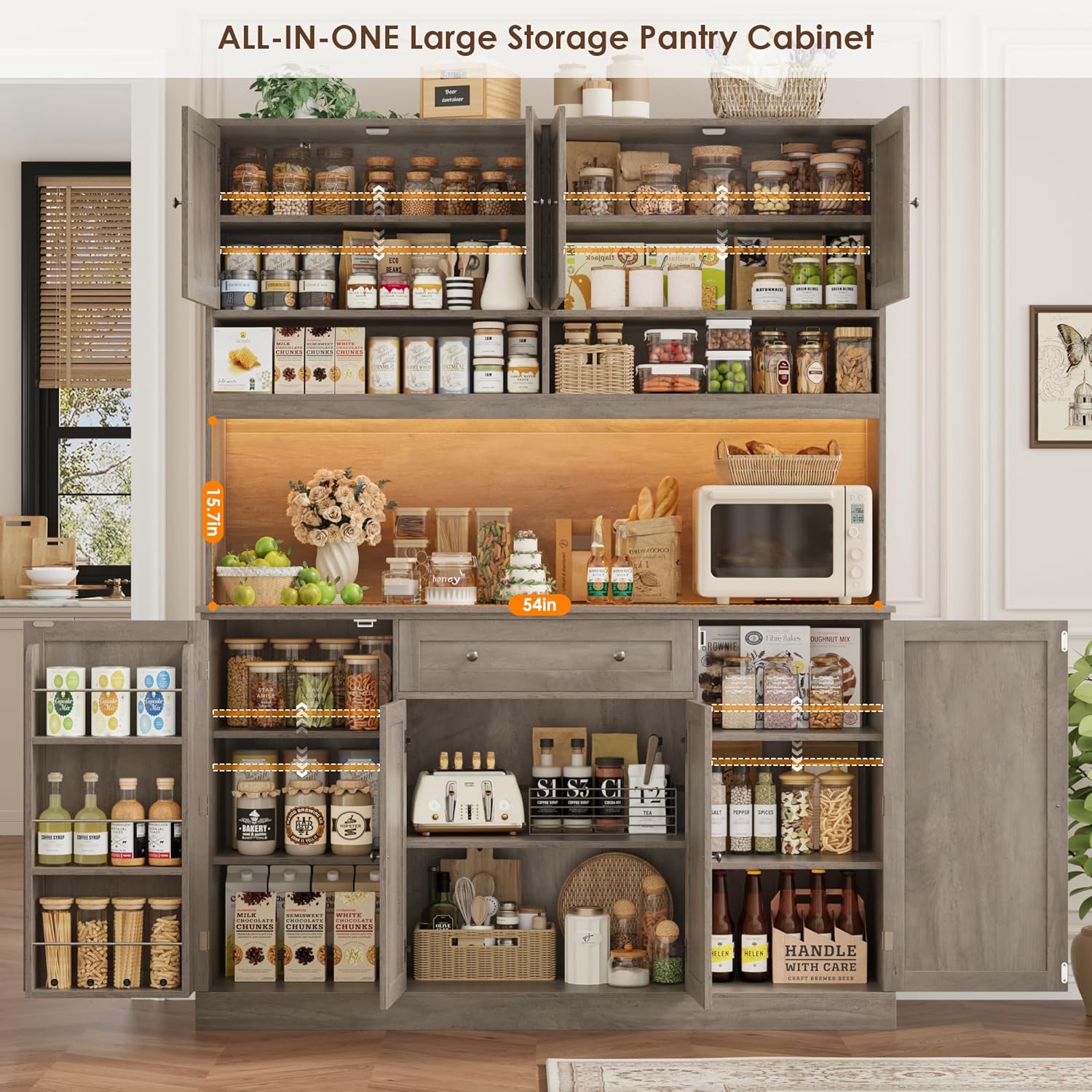 HIFIT 72.8' Tall Kitchen Pantry Cabinet with LED & Charging Station, 55' Wide Farmhouse Pantry Cabinet with Microwave Stand&Shelves&Swing-Out Door, Kitchen Hutch Coffee Bar for Living Room, Grey
