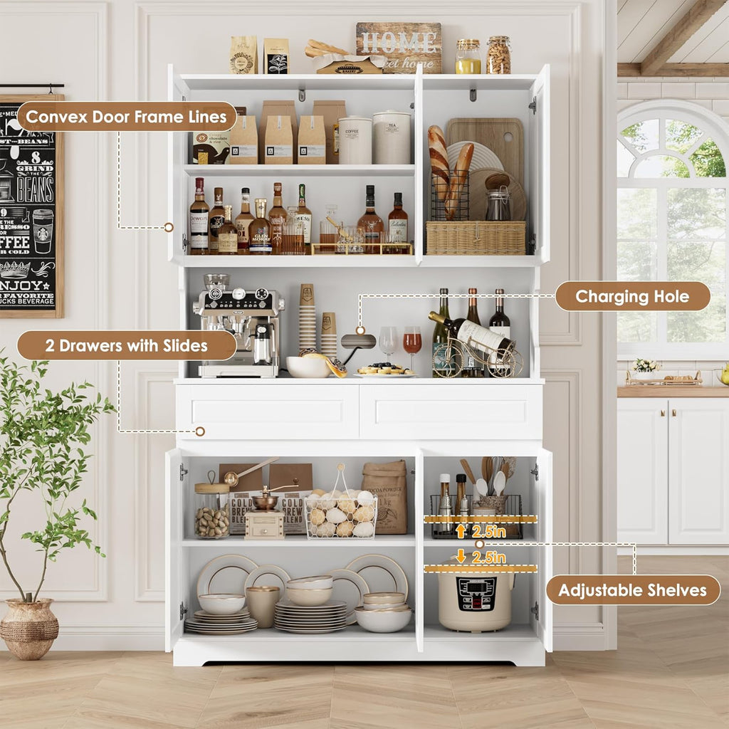 FACBOTALL 74' Pantry Cabinet, Tall Kitchen Pantry Cabinet with 6 Doors and 2 Drawers, Kitchen Hutch with Wide Countertop, Modern Kitchens Cupboard with Adjustable Shelves and Charge Holes, White