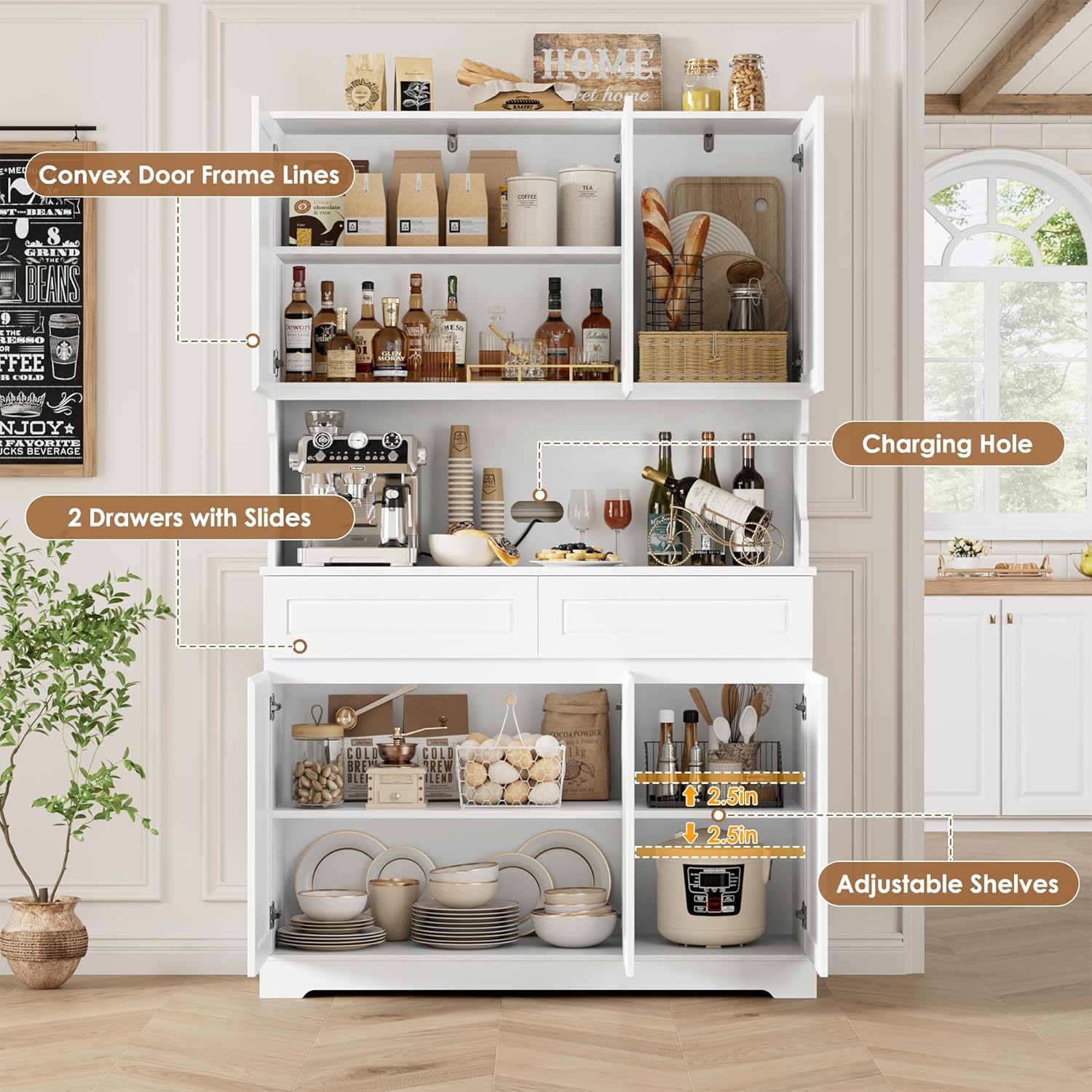FACBOTALL 74' Pantry Cabinet, Tall Kitchen Pantry Cabinet with 6 Doors and 2 Drawers, Kitchen Hutch with Wide Countertop, Modern Kitchens Cupboard with Adjustable Shelves and Charge Holes, White