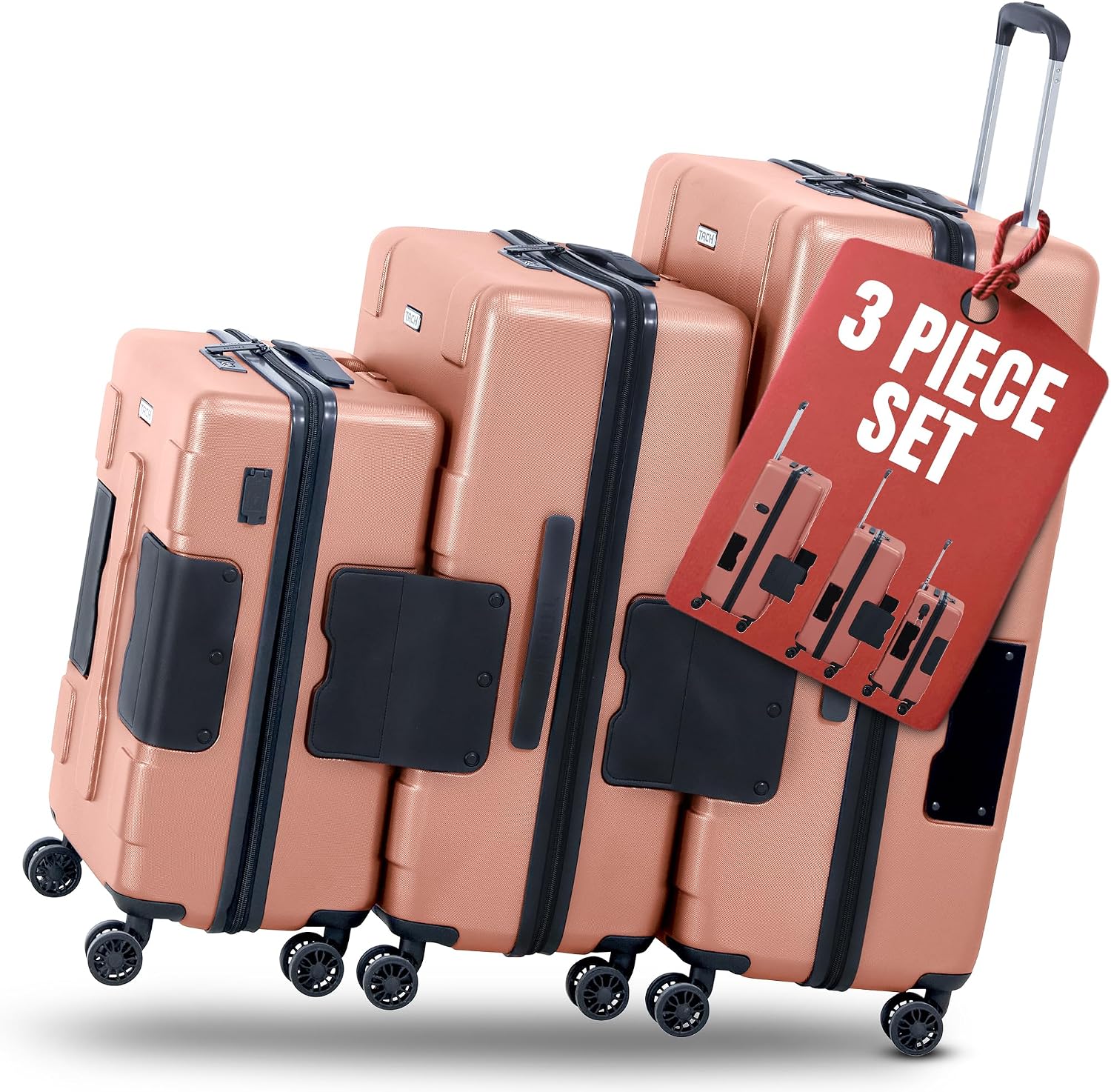 TACH Patented Connecting Hard Shell 3 Piece Luggage Set - 20, 24 & 28 inch Luggage | Carry-On, Medium & Large Rolling Suitcases - Pink