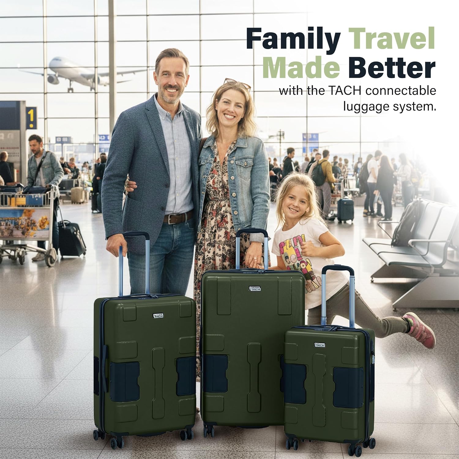 TACH Patented Connecting Hard Shell 3 Piece Luggage Set - 20, 24 & 28 inch Luggage | Carry-On, Medium & Large Rolling Suitcases - Forest Green
