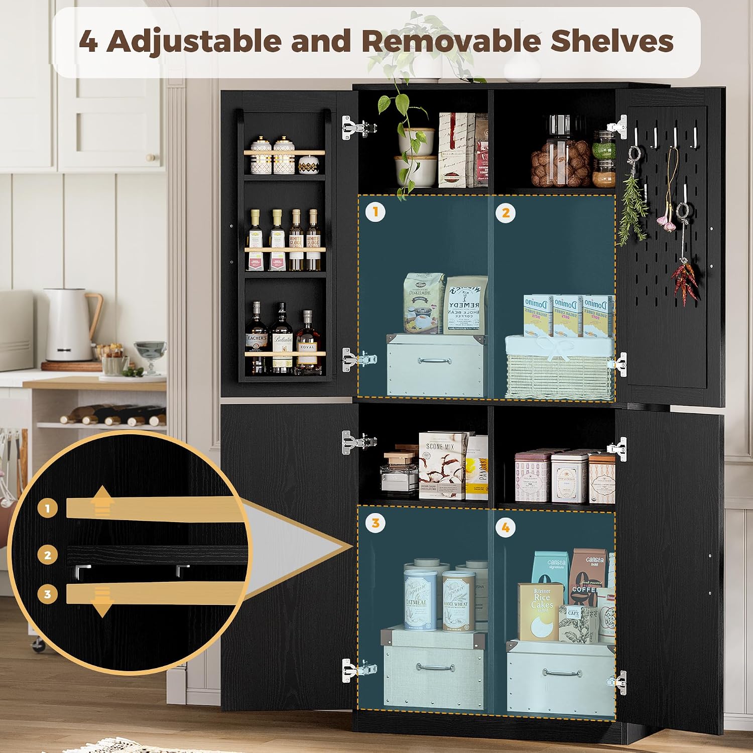 IRONCK 71' Kitchen Pantry Storage Cabinet with Storage Rack, Pegboard Doors, 4 Adjustable Shelves, Food Pantry Cabinet, Freestanding Tall Cupboard for Dining Room, Kitchen, Black