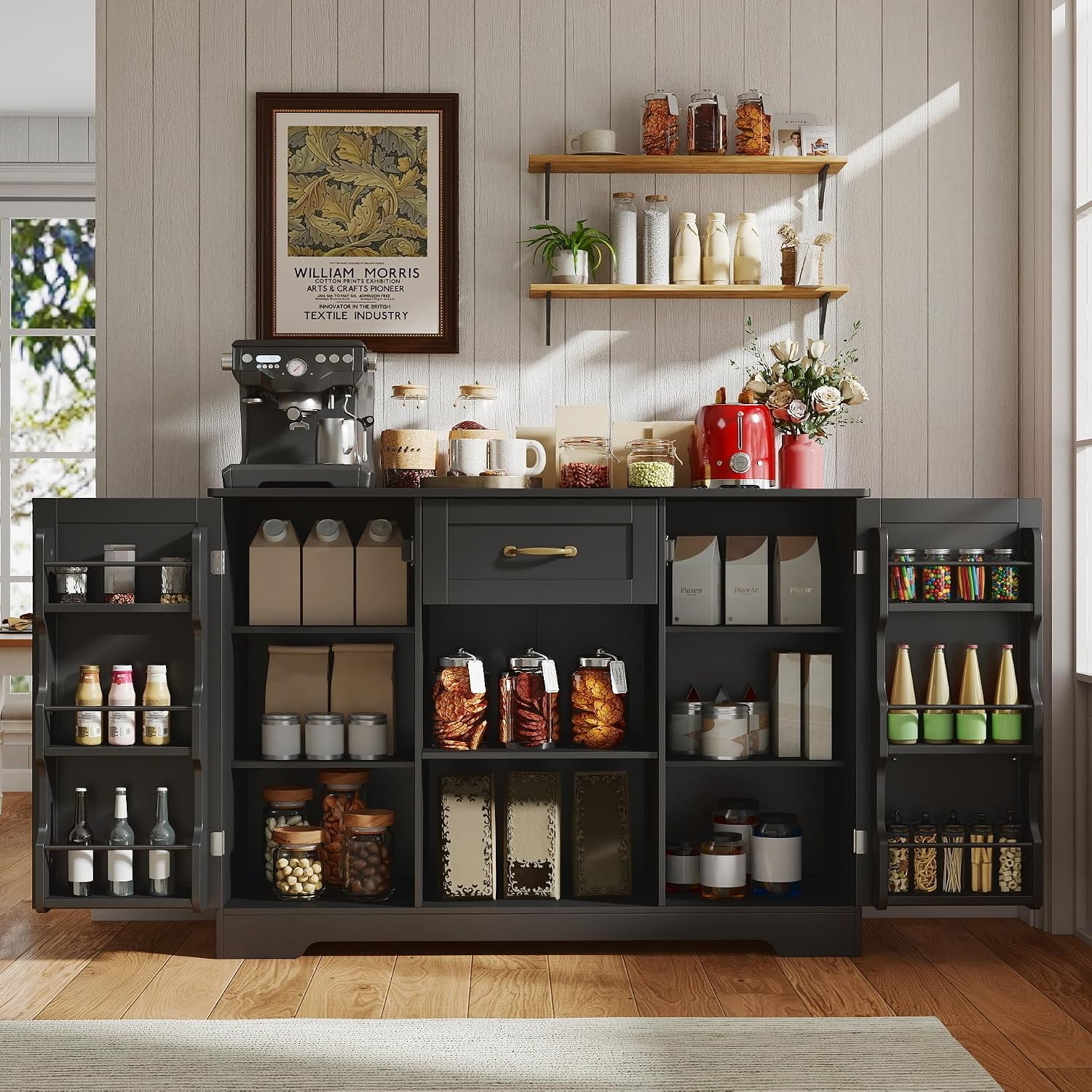 Gizoon 45' Coffee Bar Cabinet with Door and Shelves Kitchen Hutch with Countertop, Kitchen Buffer Cabinet with Storage for Bedroom and Living Room, Black