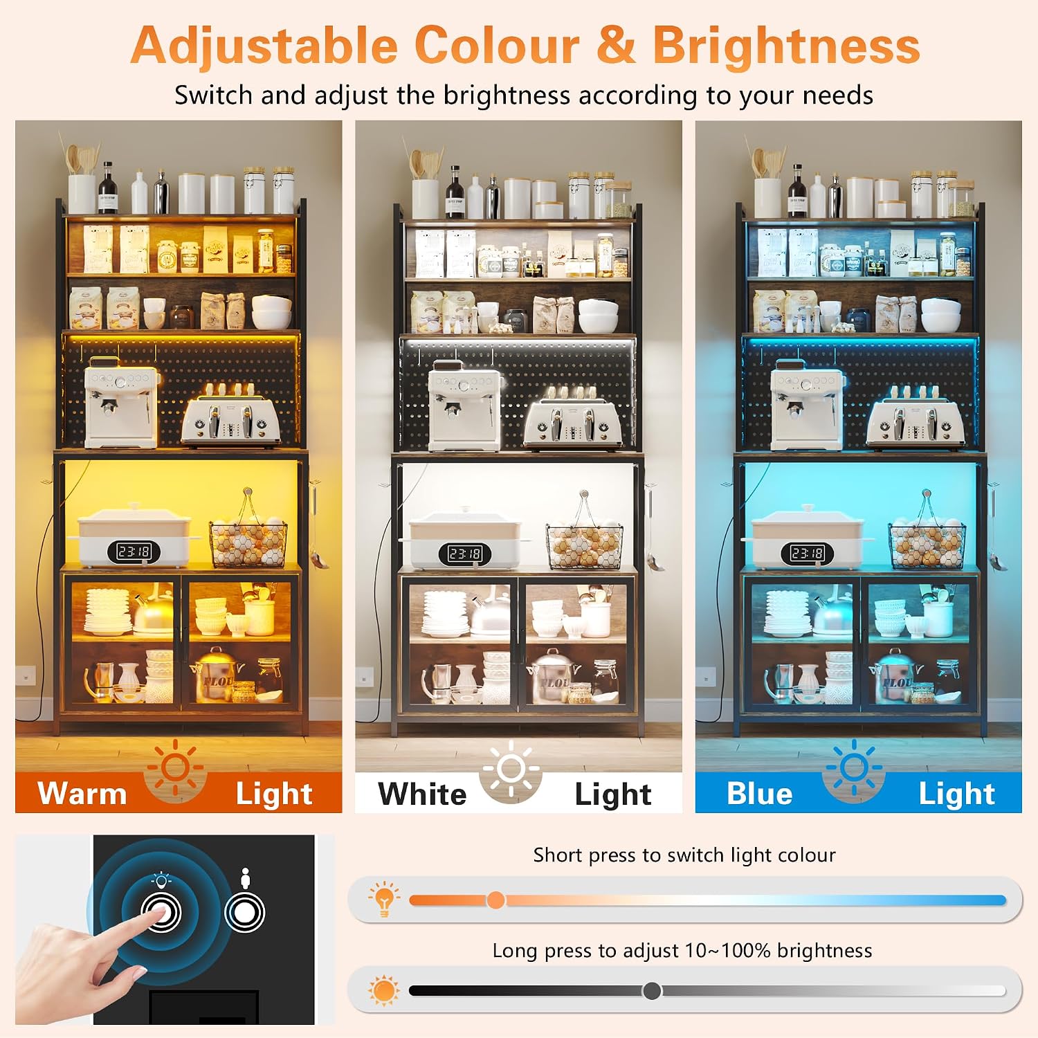 67'' LED Kitchen Pantry Cabinet with Pegboard, 3 Color Dimmable Bakers Rack with Charging Station Adjustable Shelves and Hooks, Microwave Stand with Storage
