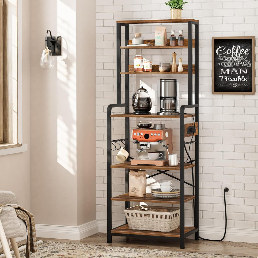 HOOBRO Bakers Rack with Power Outlet, 6-Tier Microwave Stand with LED Light BF06HB01-BF64UDHB01