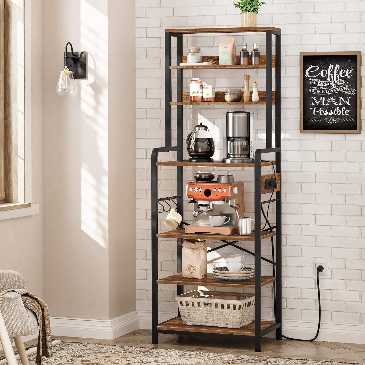 HOOBRO Bakers Rack with Power Outlet, 6-Tier Microwave Stand with LED Light BF06HB01-BF64UDHB01