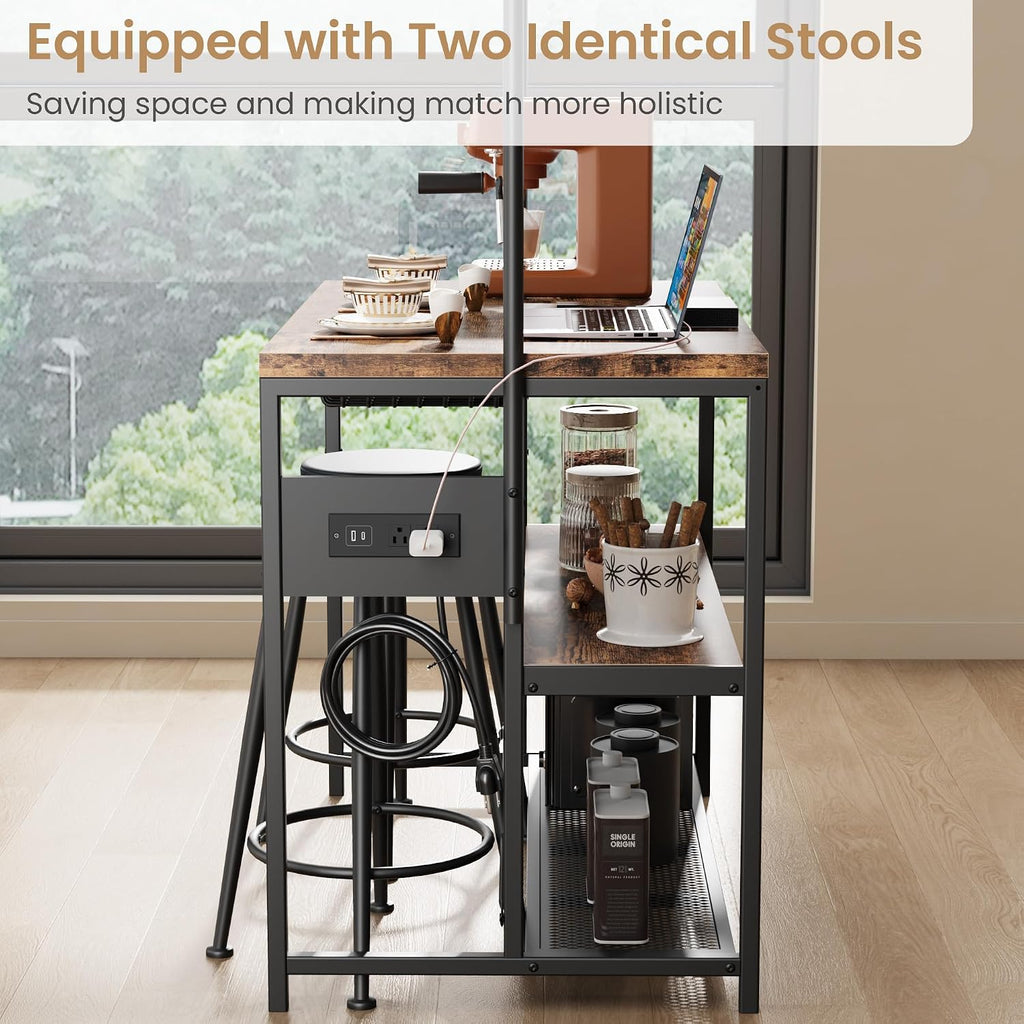 GAOMON 42' Kitchen Island Table Baker Rack with Power Outlet & 2 Bar Stools, Kitchen Storage Shelf with 3-Tier Storage & 5 Hooks, Microwave Stand Coffee Bar Table for Dining Living Room (Vintage)