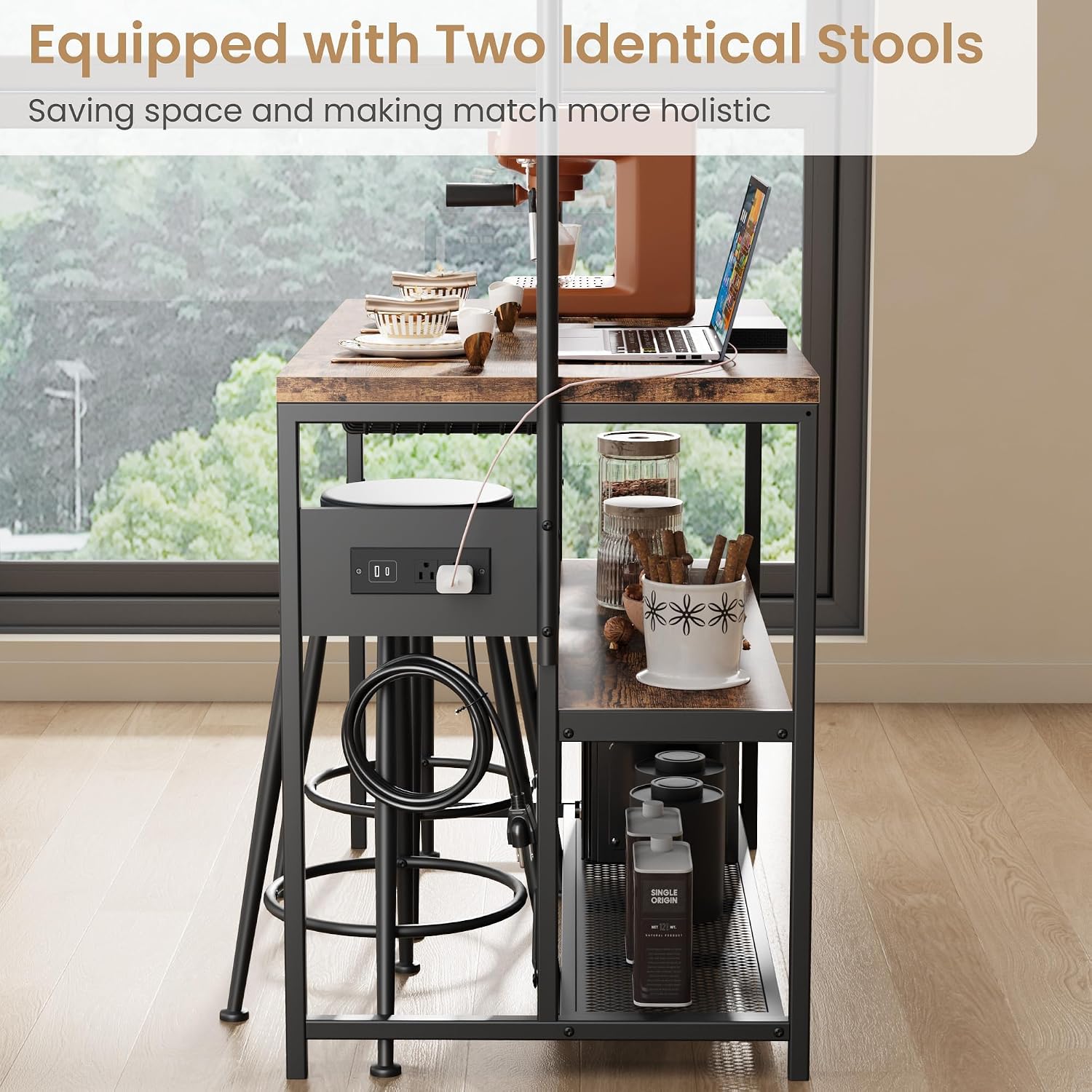 GAOMON 42' Kitchen Island Table Baker Rack with Power Outlet & 2 Bar Stools, Kitchen Storage Shelf with 3-Tier Storage & 5 Hooks, Microwave Stand Coffee Bar Table for Dining Living Room (Vintage)