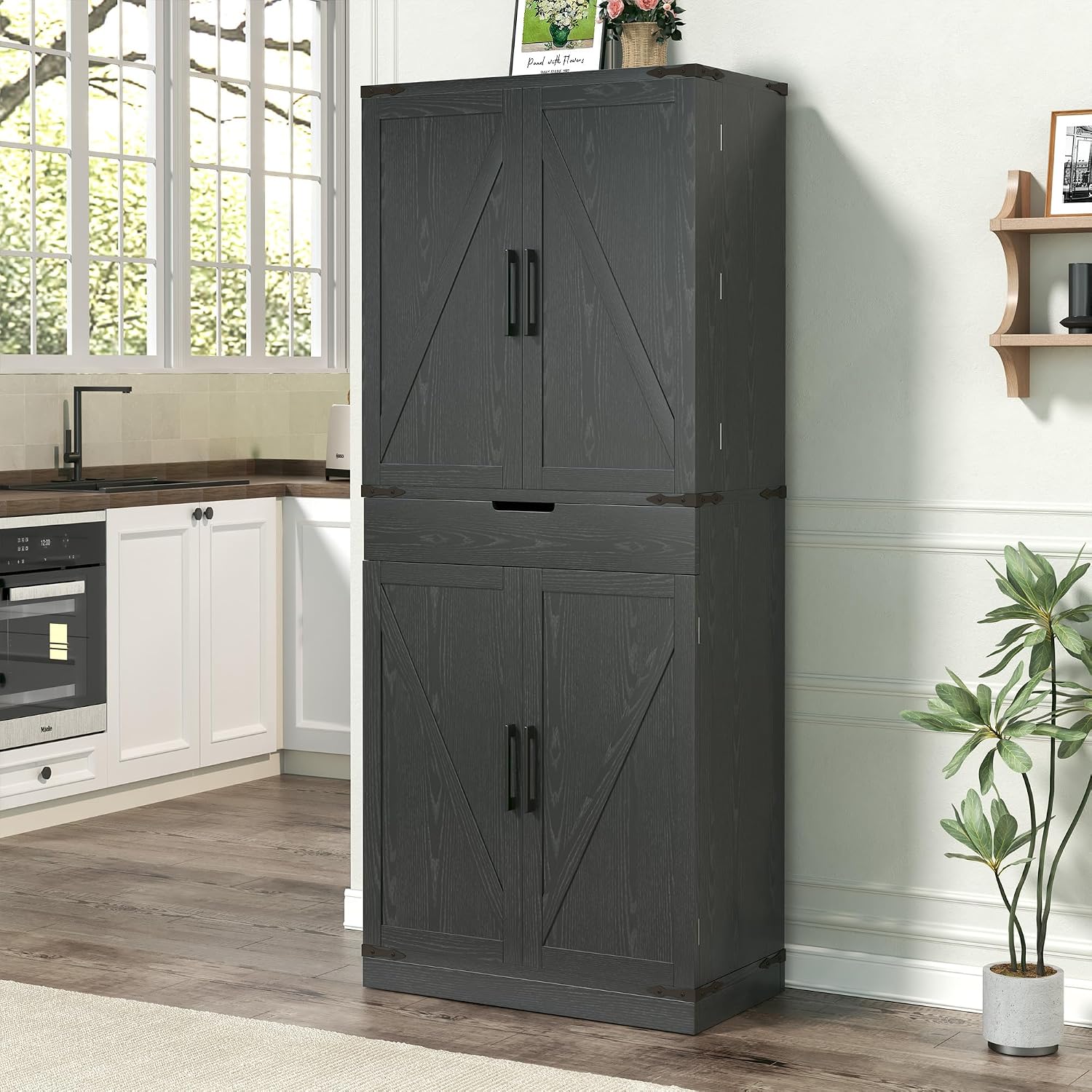 GRUSIGN 72' Tall Storage Cabinet, Kitchen Pantry Cabinet with Adjustable Shelves & Sturdy Steel Frame, Farmhouse Pantry Storage with 4 Barn Doors for Kitchen, Dining Room, and Living Room, Black